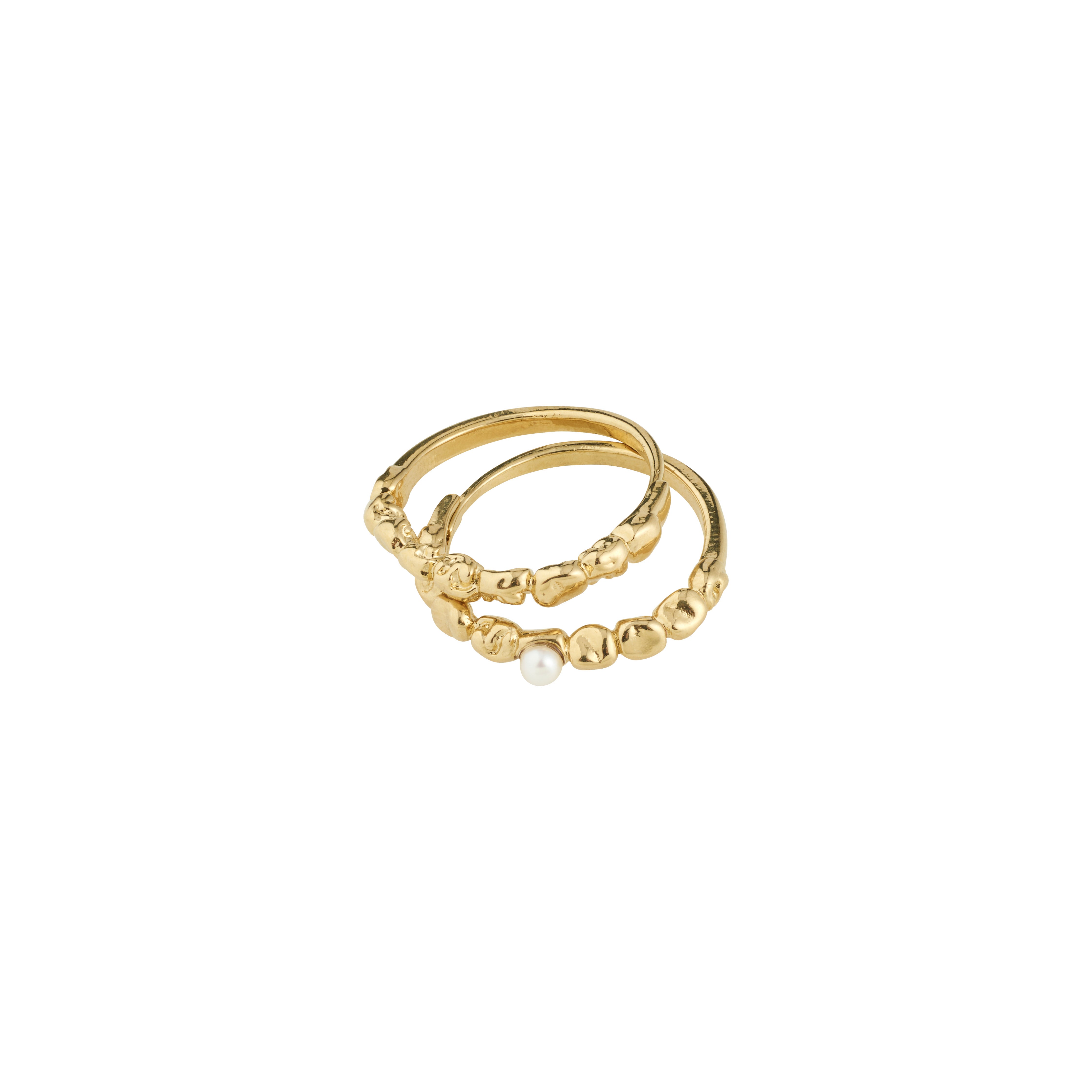 SHIFT ring gold-plated set featuring a textured band and pearl-adorned ring, showcasing a handcrafted, organic aesthetic for a chic, stacked look.