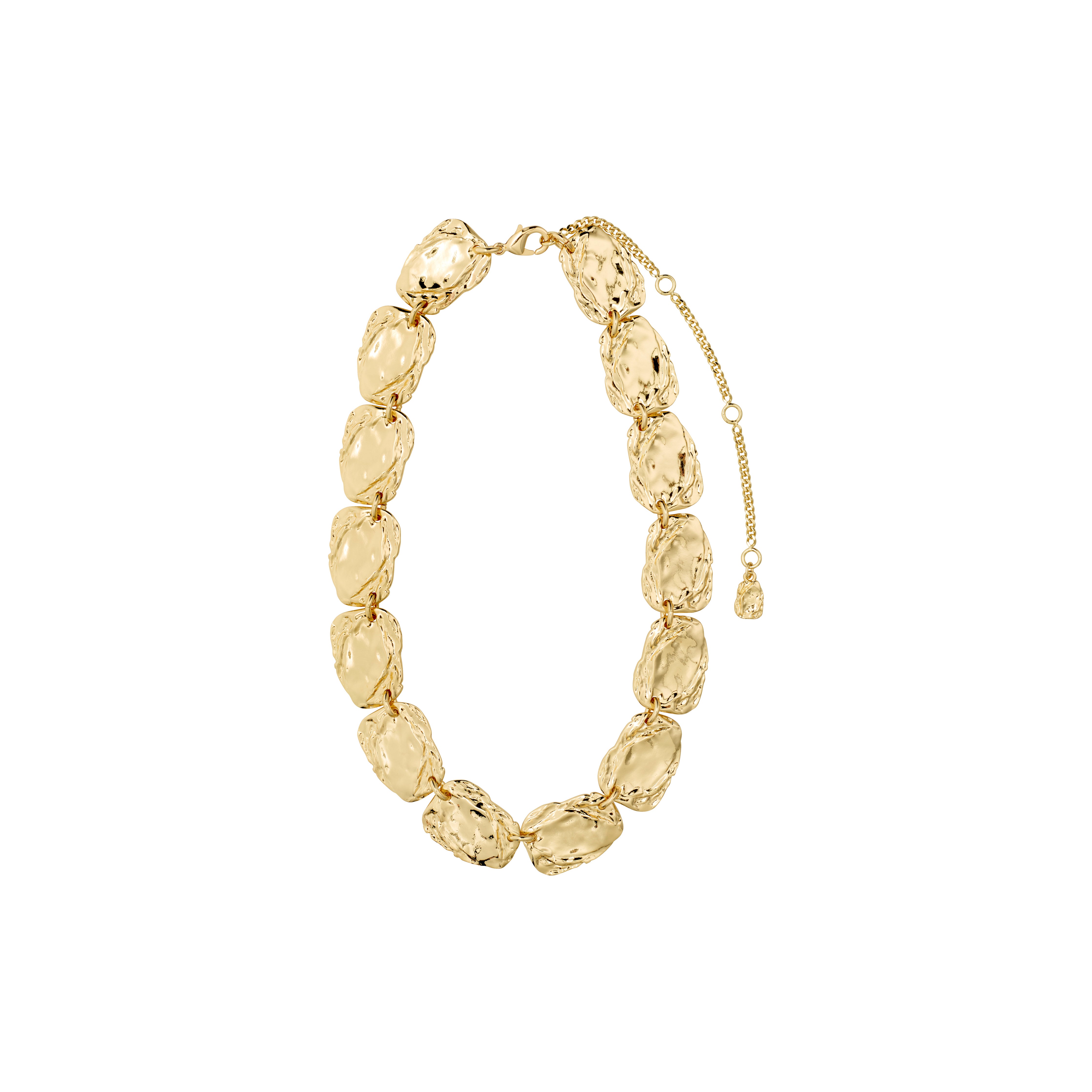 SHIFT necklace gold-plated with irregular nugget-shaped links, adjustable lobster-claw clasp, chunky hammered style; ideal for layering or statement wear.