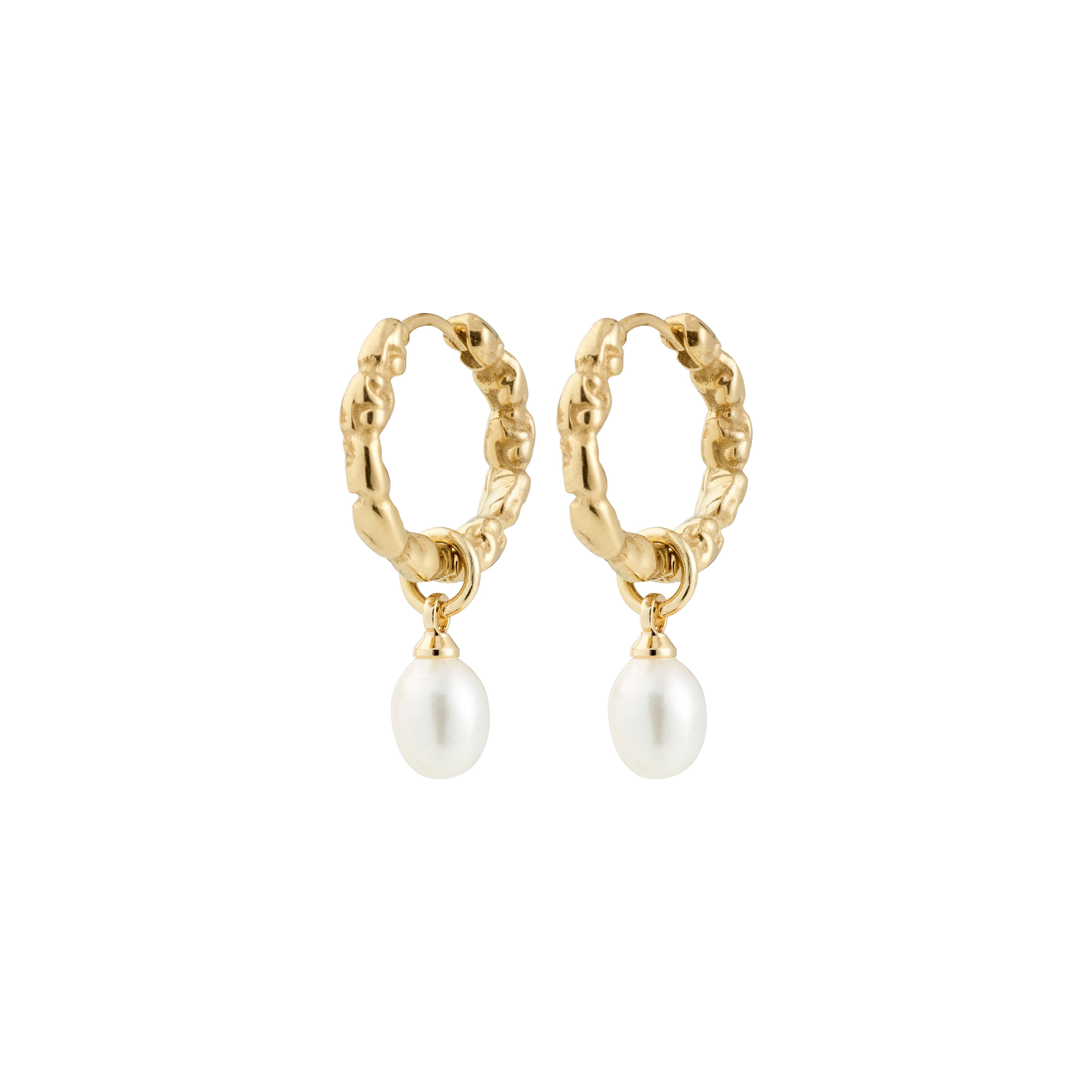 SHIFT pearl earrings gold-plated: Small textured gold hoops with removable teardrop-shaped freshwater pearls, offering versatility for a minimalist or boho style.