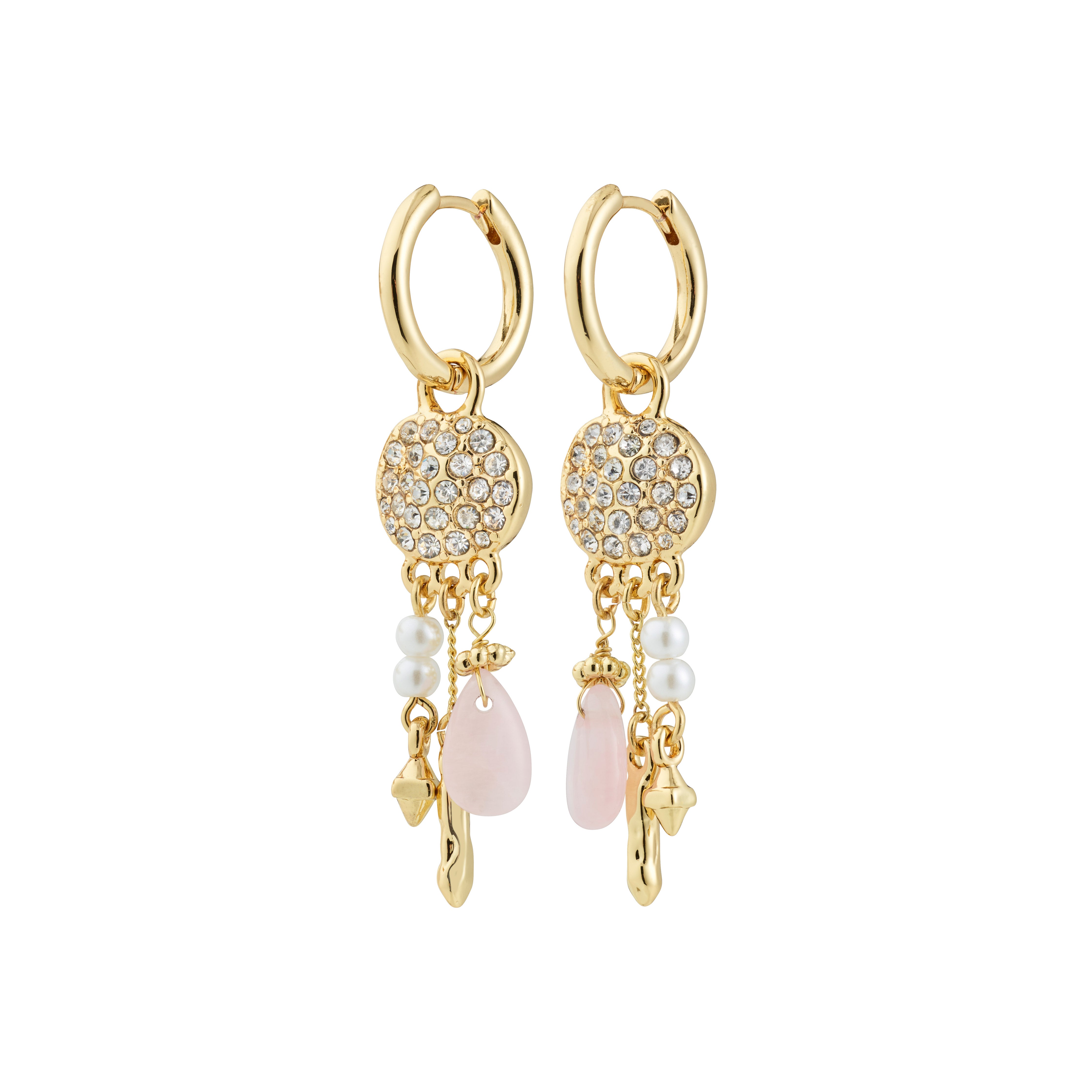 SHIFT hoop earrings gold-plated, featuring pavé crystal discs with pearl, pink stone, and gold dangles, embodying a boho-chic, whimsical elegance.