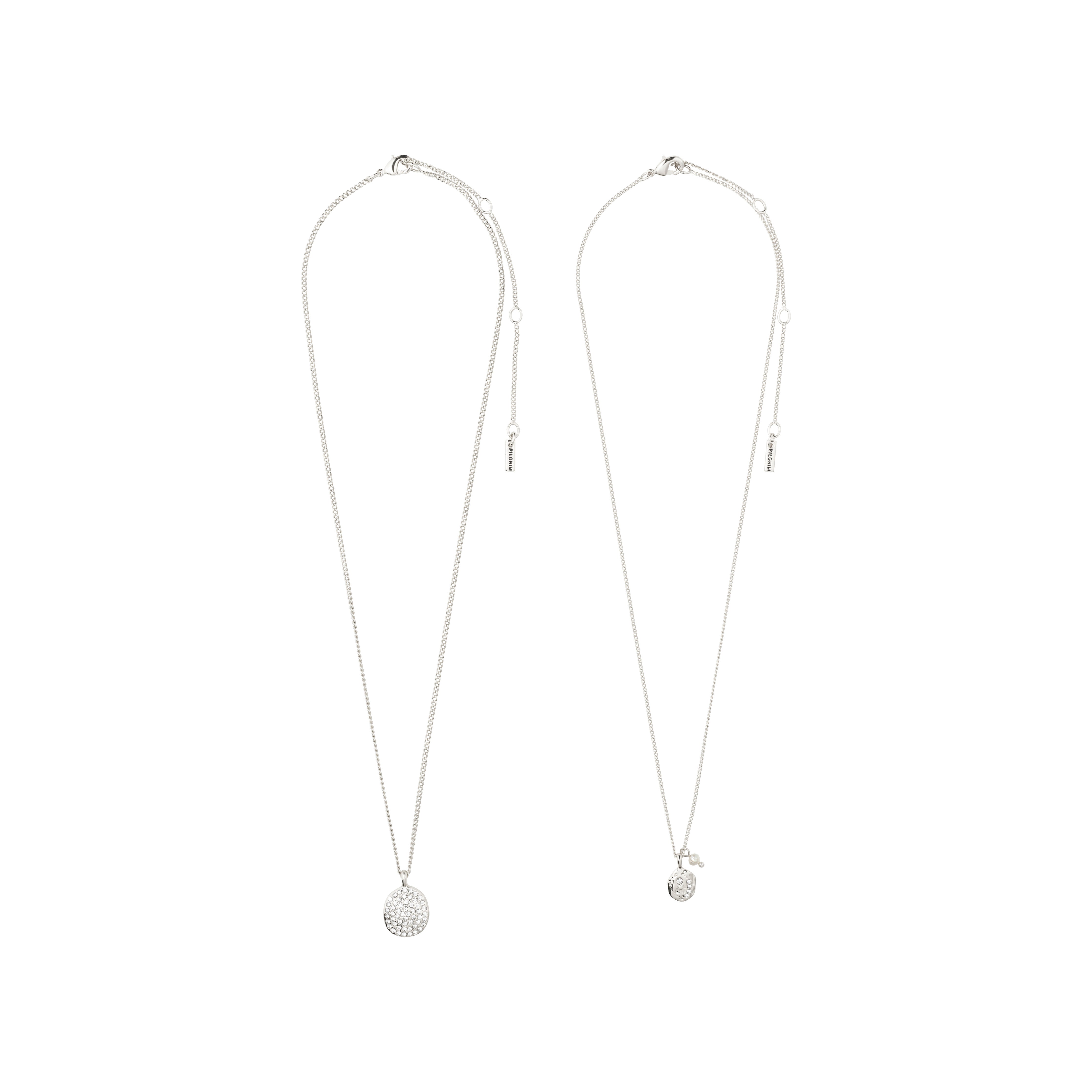 SHIFT necklace 2-in-1 set, silver-plated, featuring two delicate chains with crystal-adorned pendants and a freshwater pearl, perfect for layered or minimalist styles.