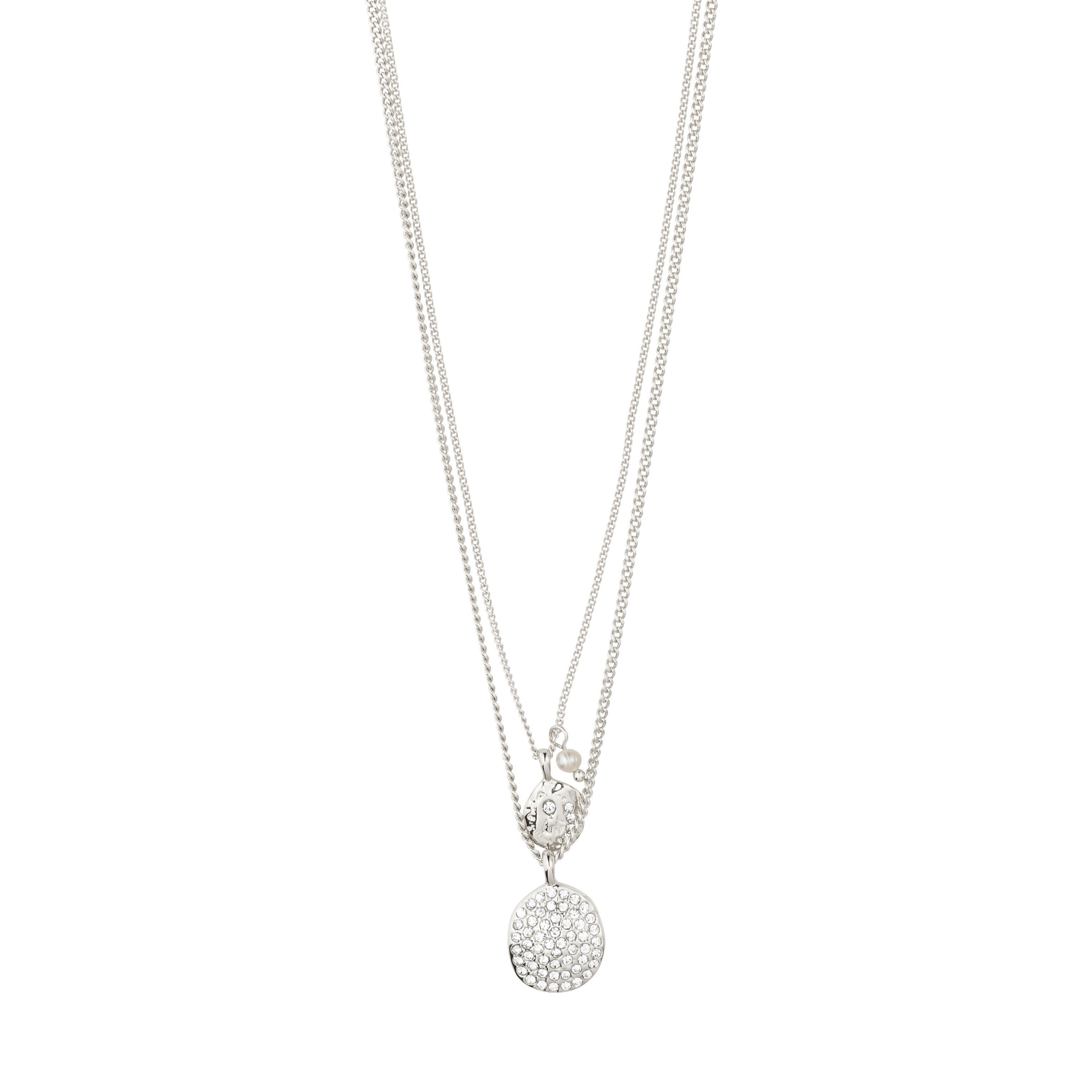 SHIFT necklace 2-in-1 set, silver-plated, features layered chains with crystal-studded pendants and a faux-pearl accent, offering a minimalist-chic look.