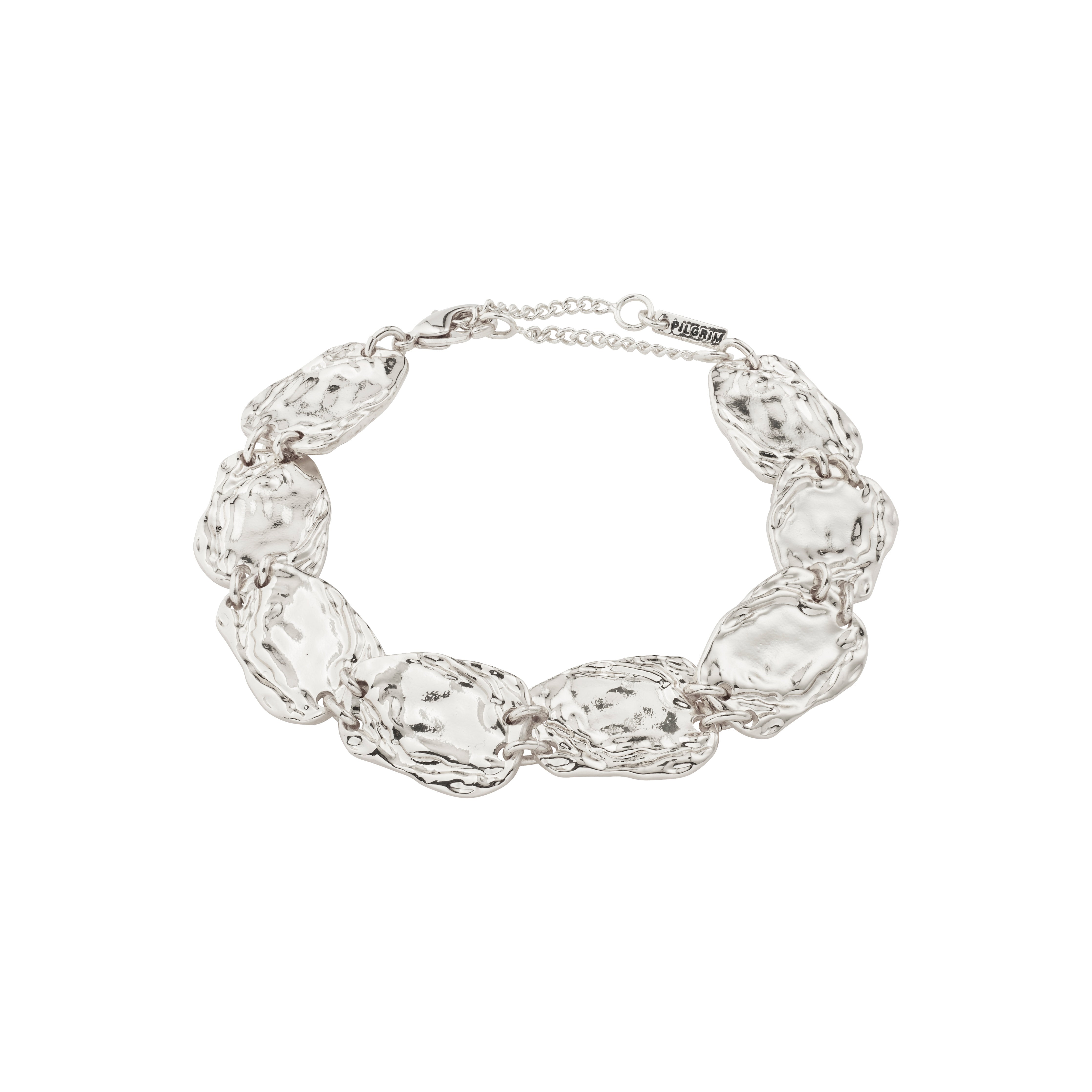 SHIFT bracelet silver-plated with eight textured pebble links and adjustable lobster clasp, reflecting boho chic and sophistication, crafted by Pilgrim.