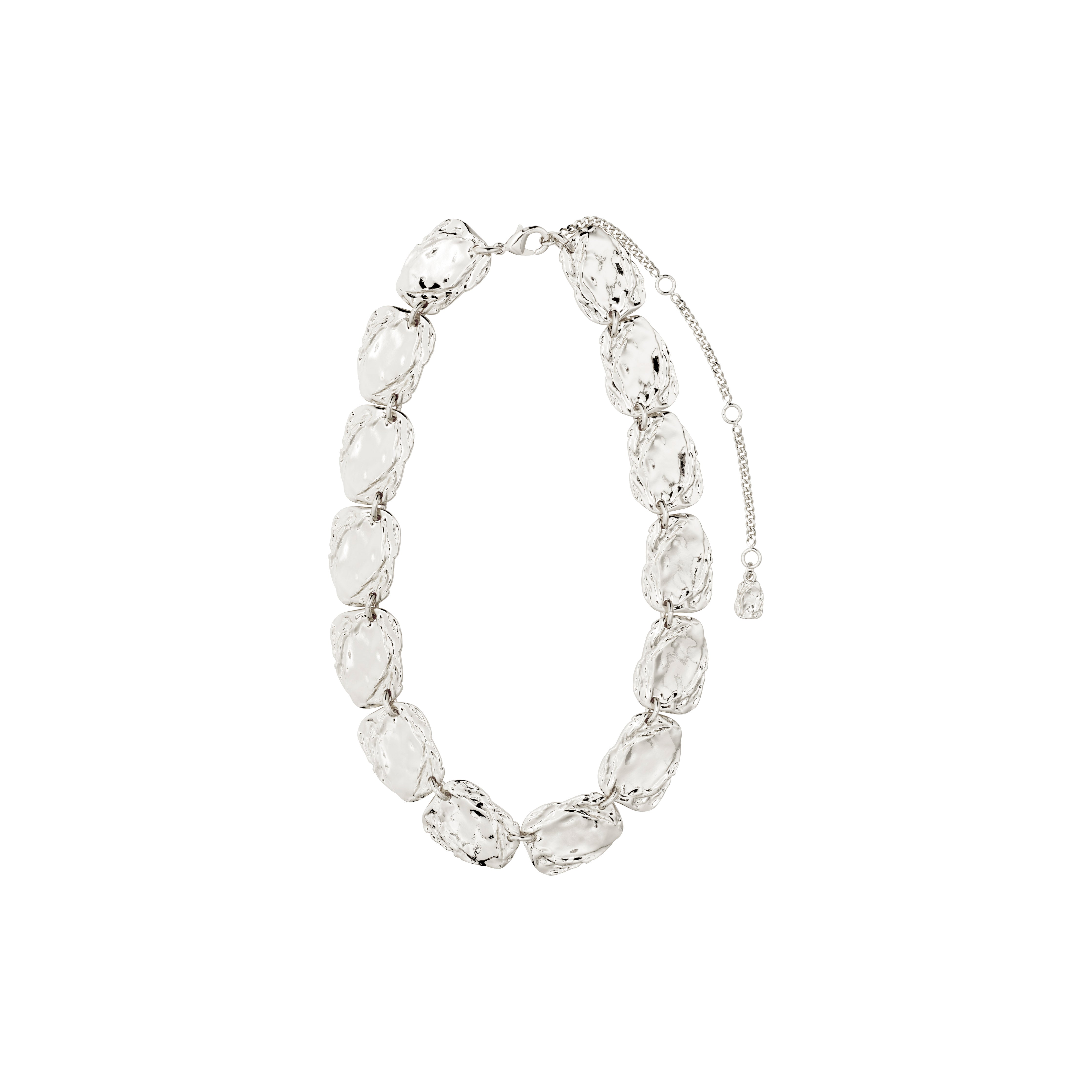SHIFT necklace silver-plated features irregular, polished nugget links with an extender chain, embodying rustic elegance, perfect for versatile styling with Scandinavian craftsmanship.