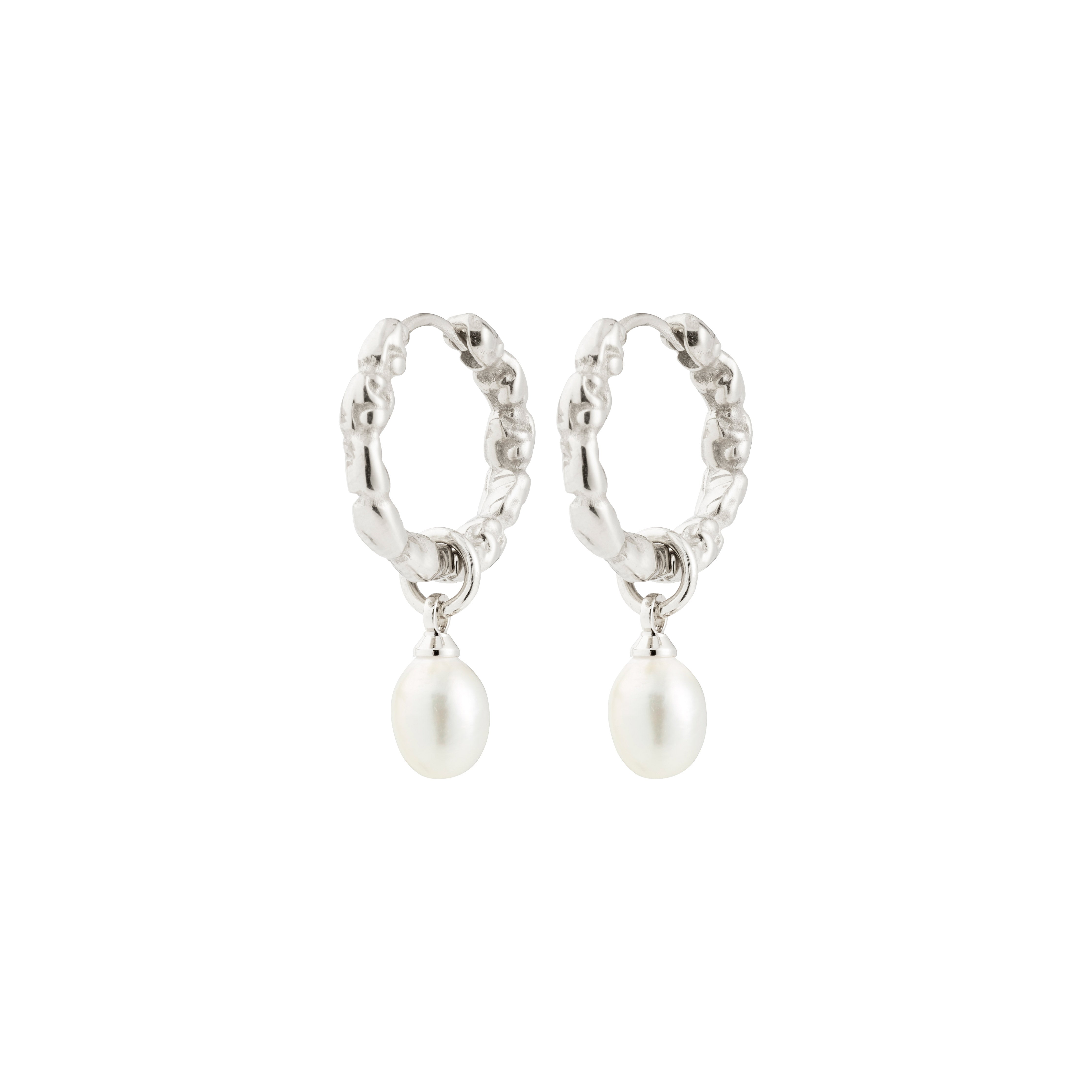 Silver-plated SHIFT pearl earrings with textured hoops and removable freshwater pearl pendants, featuring easy snap locks for versatile styling.