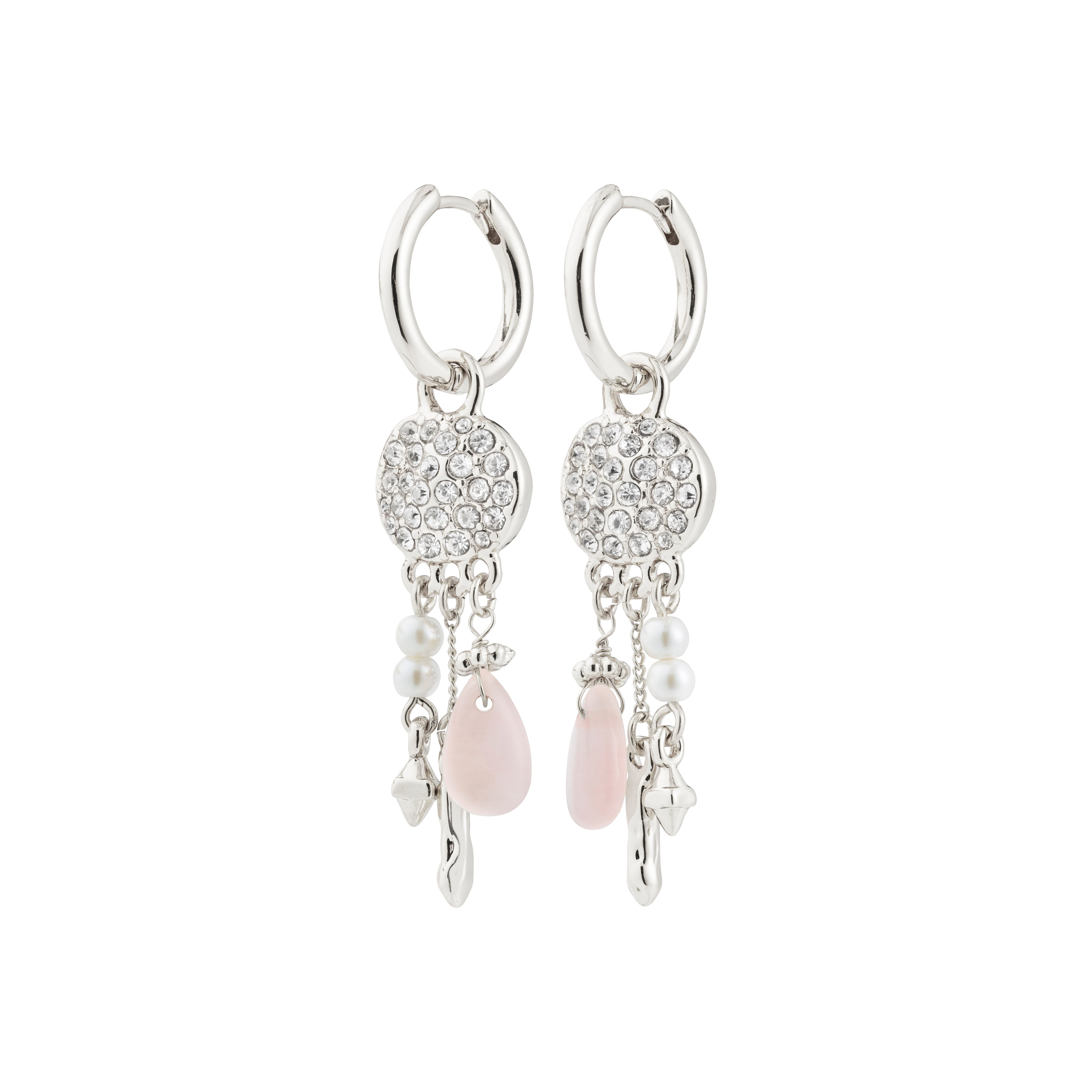 SHIFT hoop earrings silver-plated with pave-crystal discs, dangling pearls, pink teardrop beads, and silver-tone charms, offering whimsical sparkle and dreamy energy.
