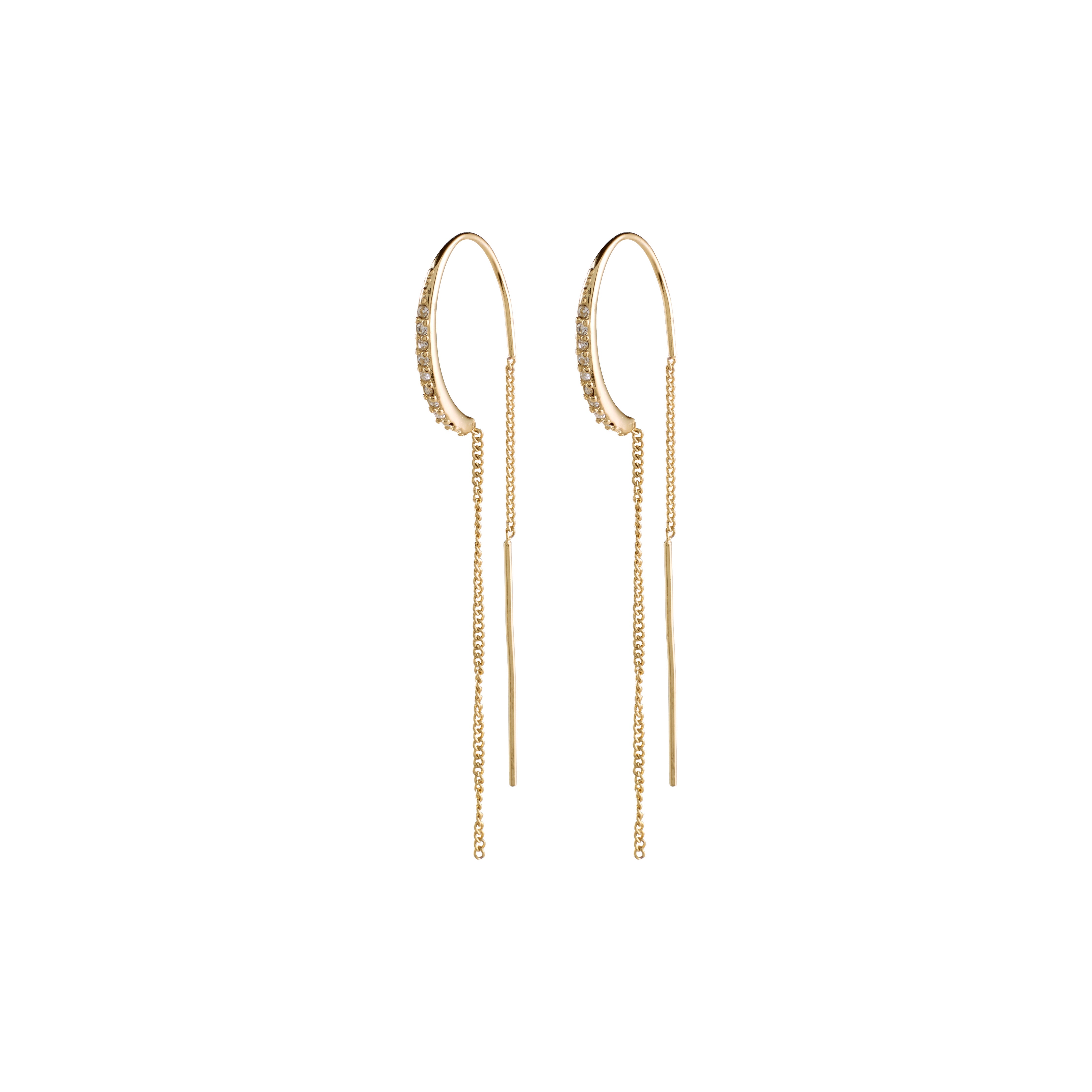 FIRE crystal earrings, gold-plated with long thin chains and clear crystals, offering a shimmering, feminine touch for trendsetters.