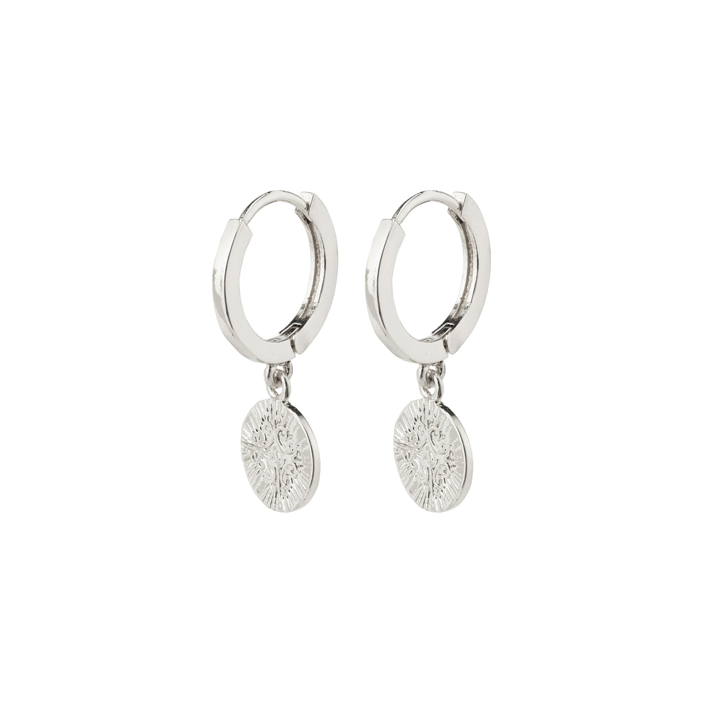 NOMAD coin huggie hoop earrings, silver-plated, featuring elegant feminine hoops and bohemian coin pendants, perfect for everyday style from Pilgrim's Nomad collection.