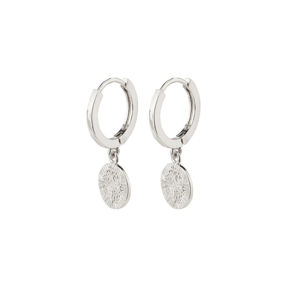 NOMAD coin huggie hoop earrings, silver-plated, featuring elegant feminine hoops and bohemian coin pendants, perfect for everyday style from Pilgrim's Nomad collection.