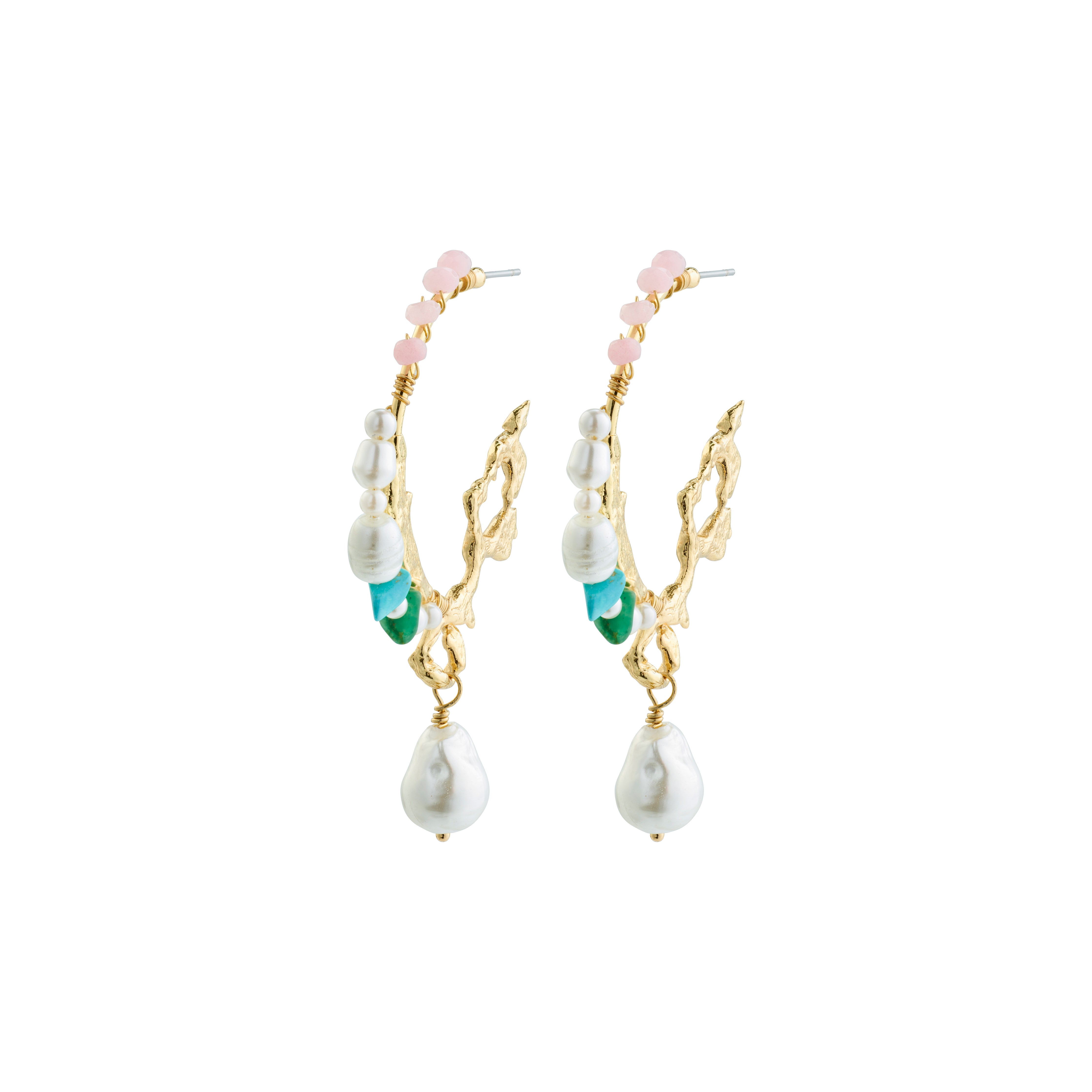 FORCE large hoop earrings in white and gold-plated design featuring genuine freshwater pearls, turquoise, and South African jade with bohemian-style gold-plated details.