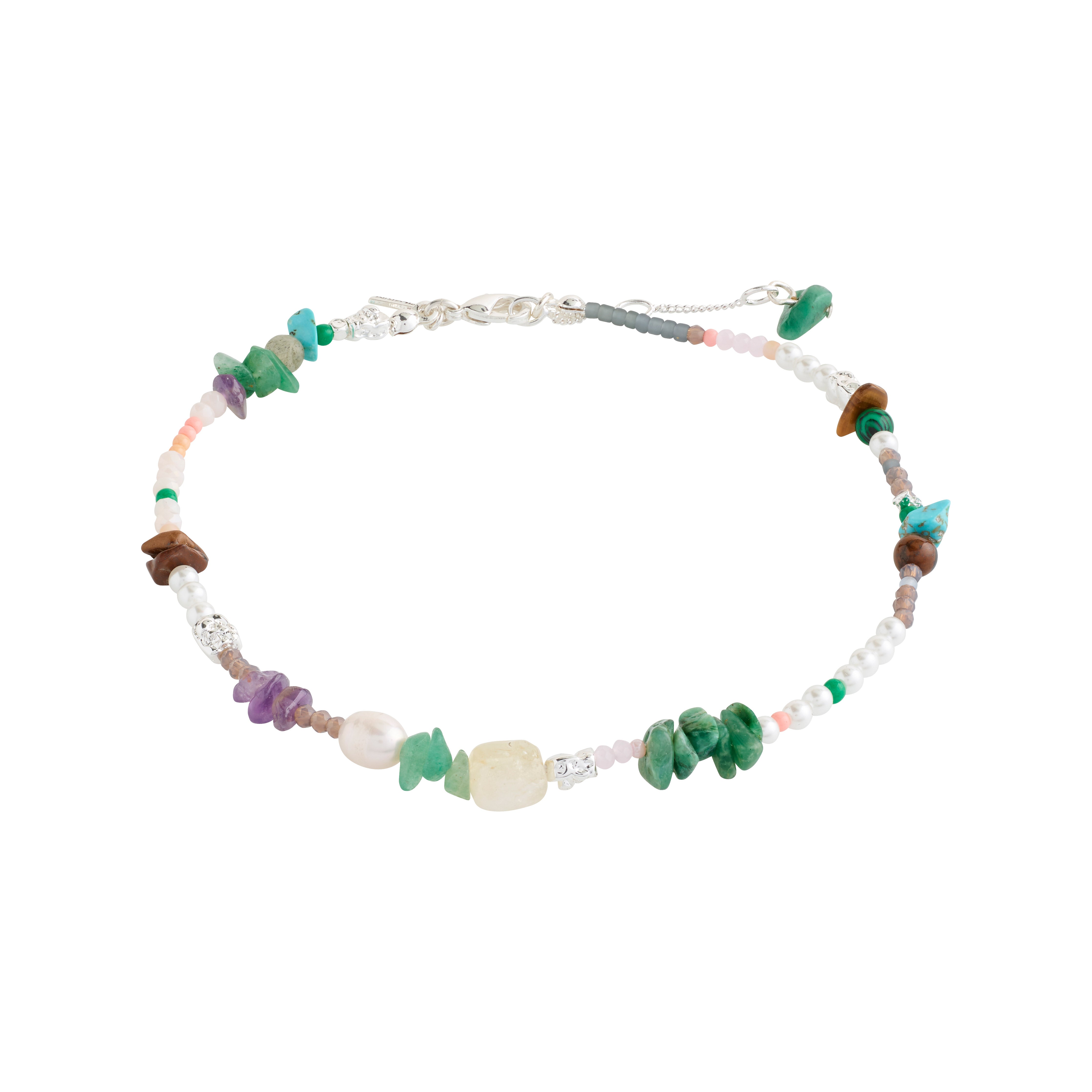 FORCE ankle chain multi/silver-plated featuring semi-precious stones, freshwater pearls, and silver-plated details, capturing a boho-inspired, laid-back summer vibe.