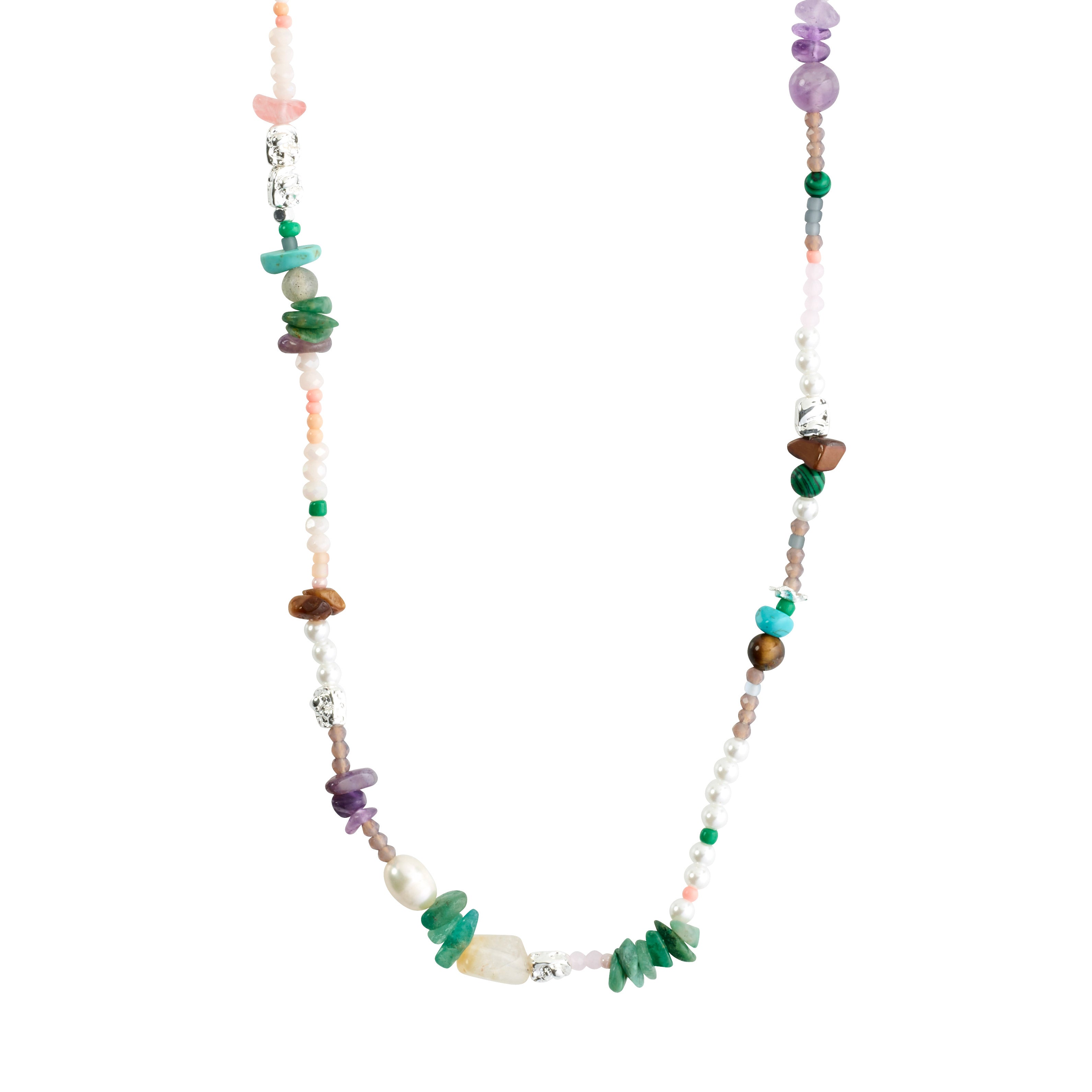 FORCE necklace multi/silver-plated featuring genuine freshwater pearls, silver-plated details, and various semi-precious stones, capturing Pilgrim's blend of timeless and trendy Scandinavian design.