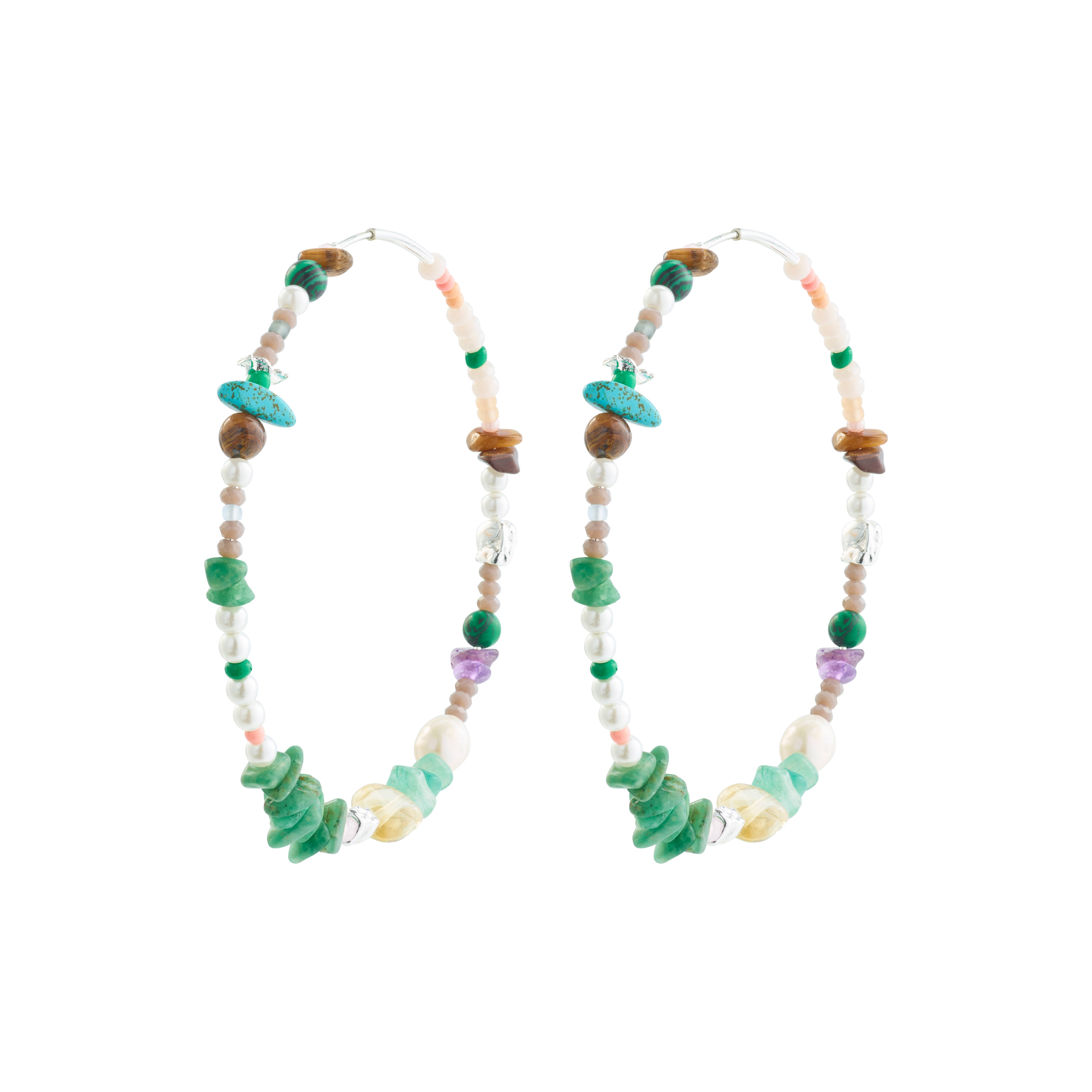 FORCE mega hoop earrings with semi-precious stones and silver-plated details, offering a vibrant, feel-good accessory for casual summer styles.