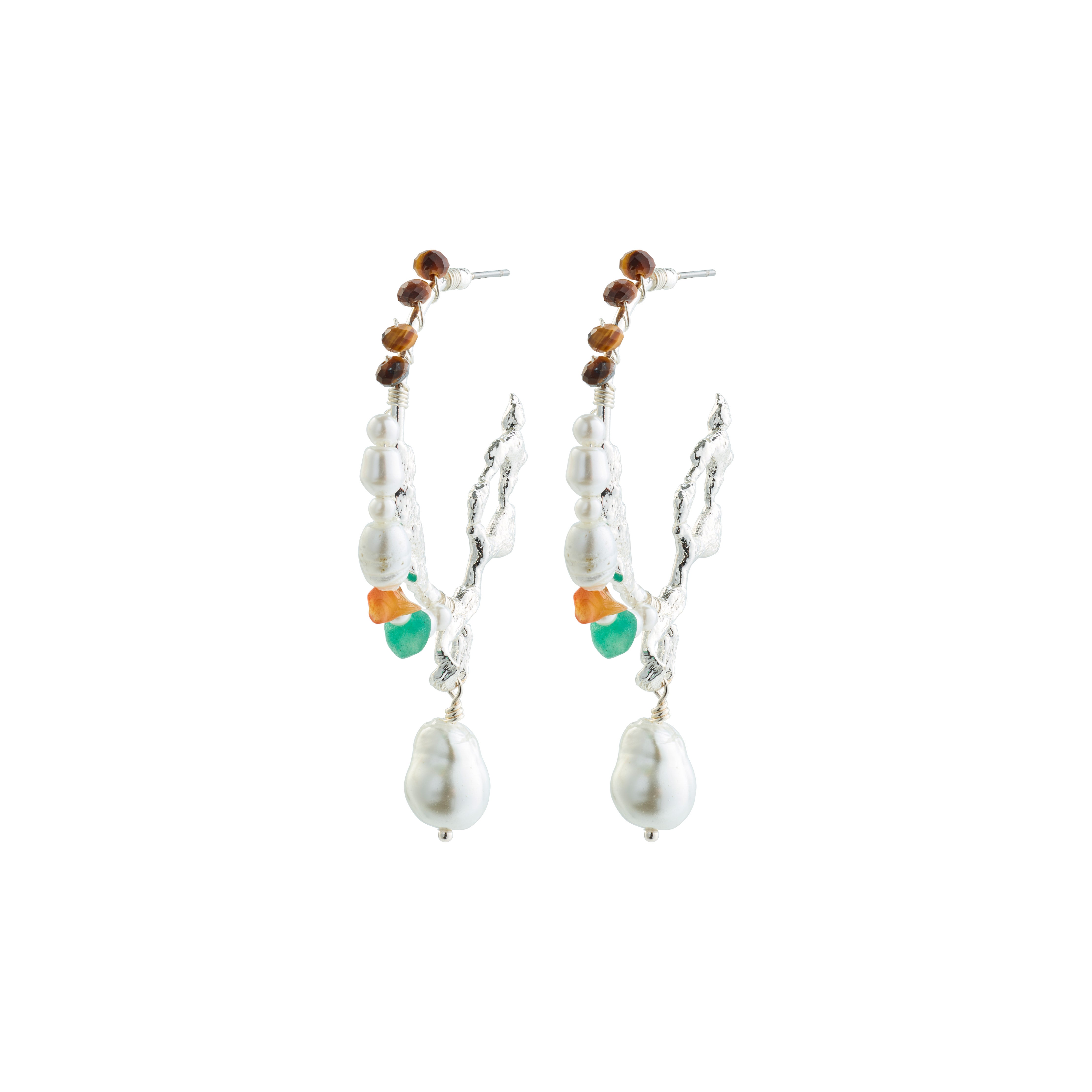 FORCE large hoop earrings with silver-plated details featuring freshwater pearls and colorful semi-precious stones, showcasing a bohemian, handcrafted design.