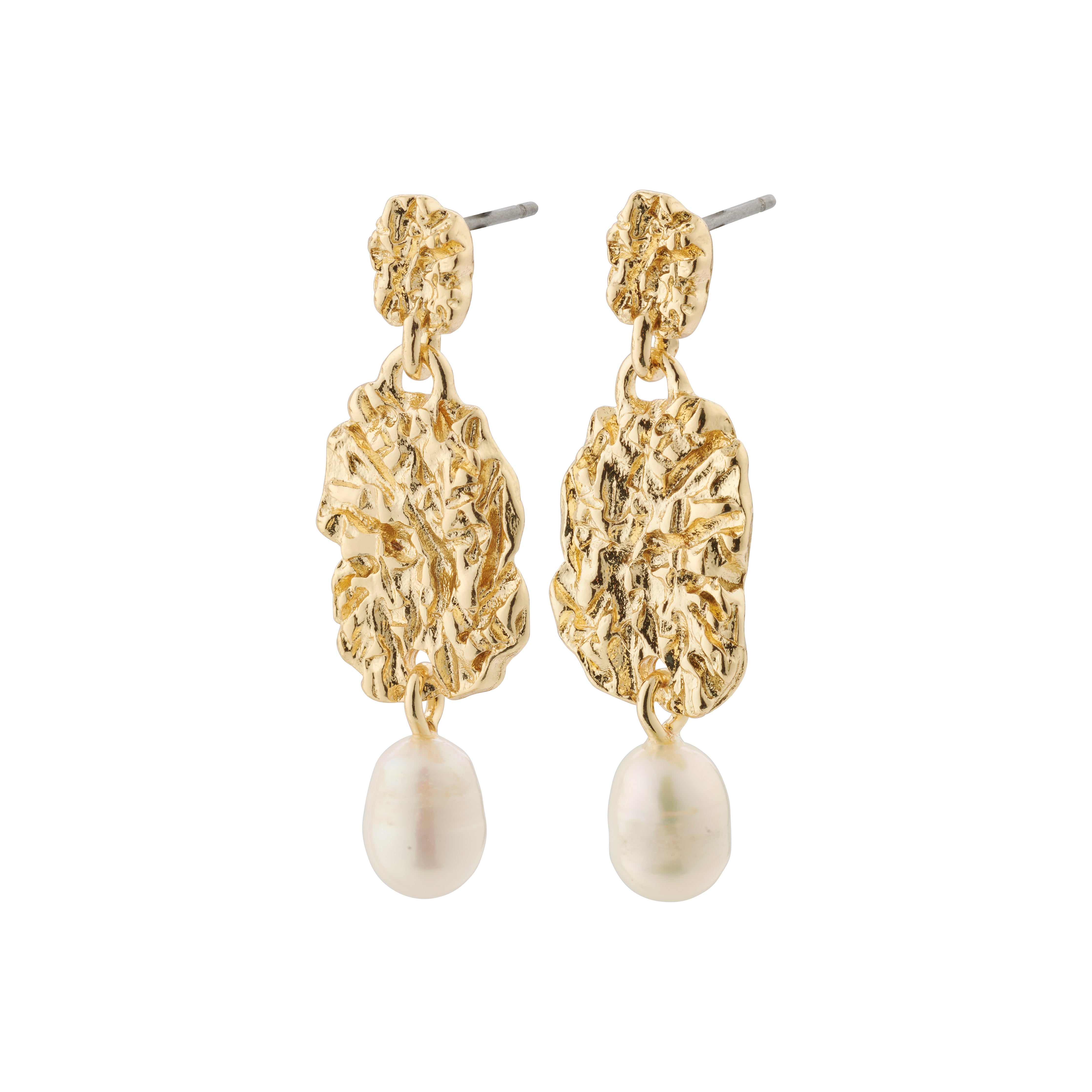 TRUE gold-plated earrings featuring unique textured coins and genuine freshwater pearl pendants, showcasing Pilgrim's blend of timeless style and modern elegance.