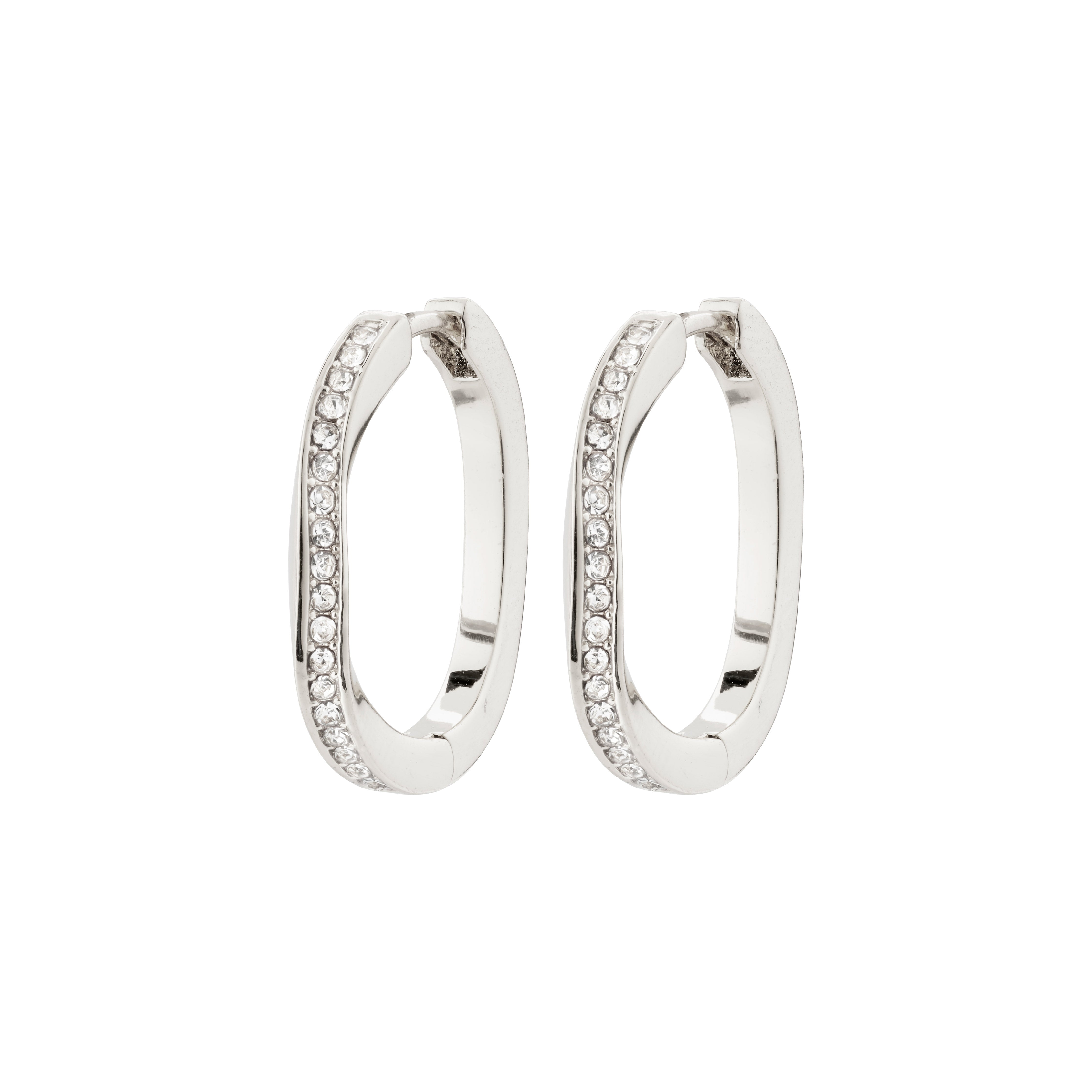 TRUE hoop earrings silver-plated with organic design and shiny Preciosa crystals, featuring an easy click clasp, crafted from 94% recycled material.