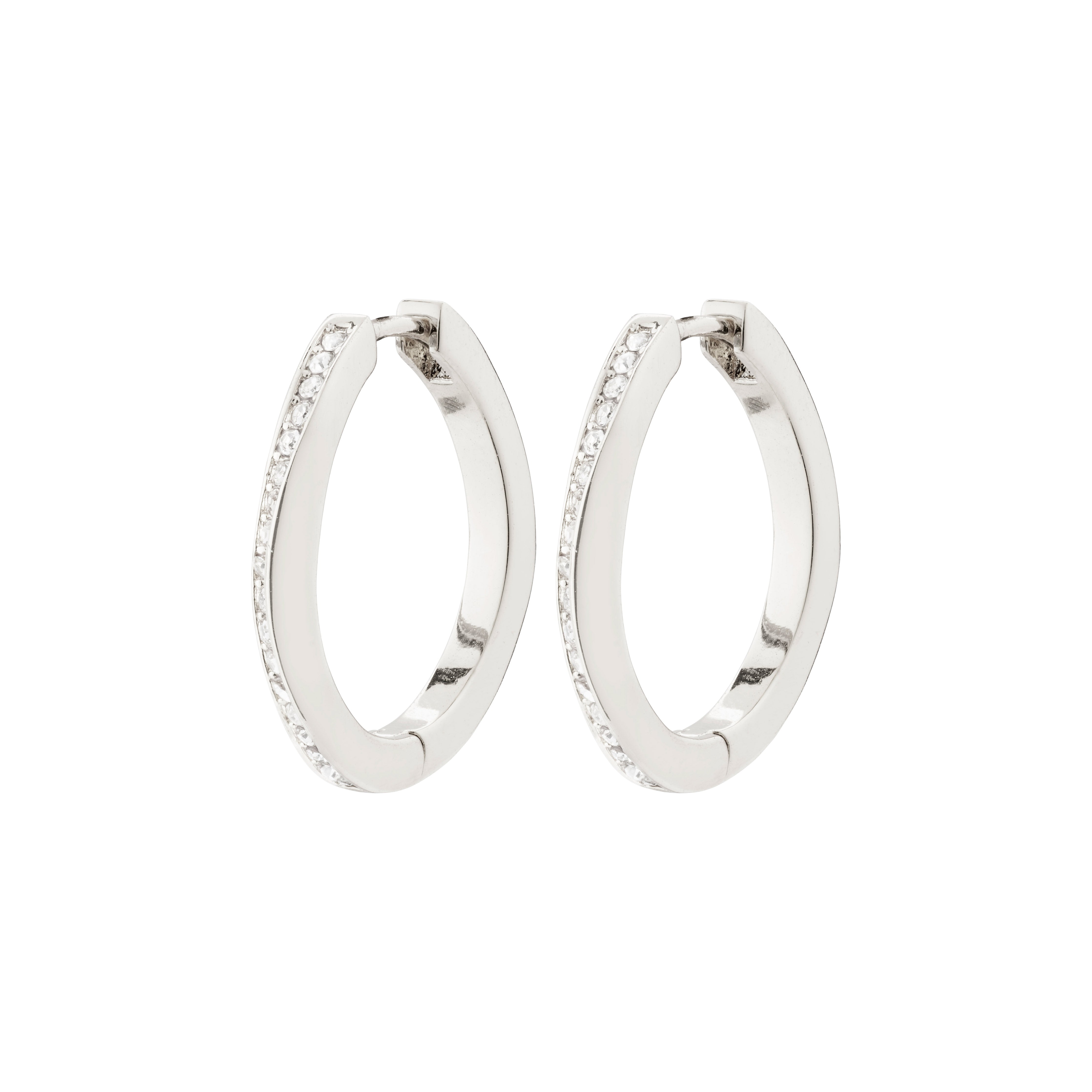 TRUE hoop earrings silver-plated with an elegant organic design featuring shiny Preciosa crystals and a convenient click clasp, crafted from 94% recycled material.