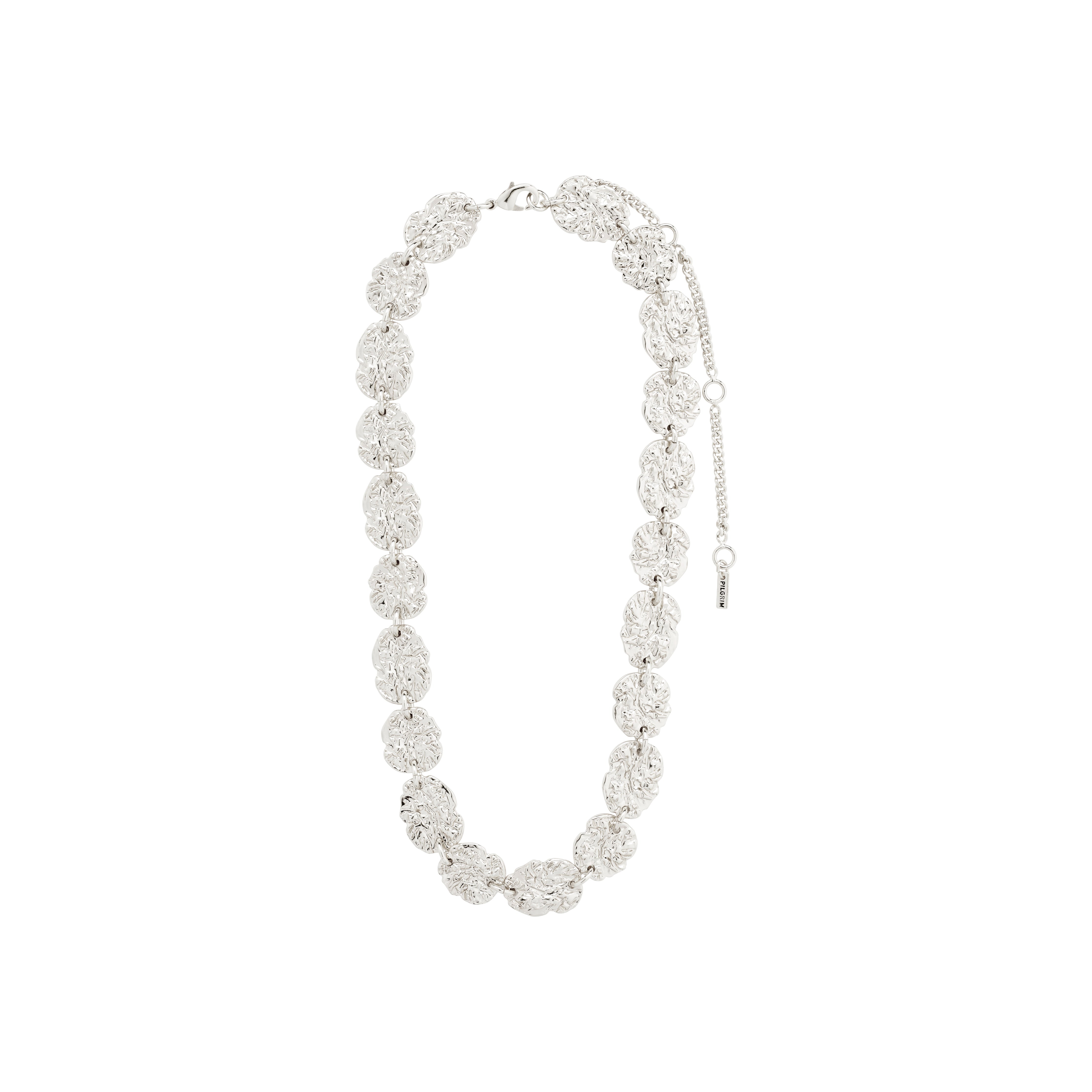 TRUE necklace silver-plated with textured coin pendants on a silver chain, offering a stylish, eco-friendly accessory from Pilgrim's nature-inspired collection.