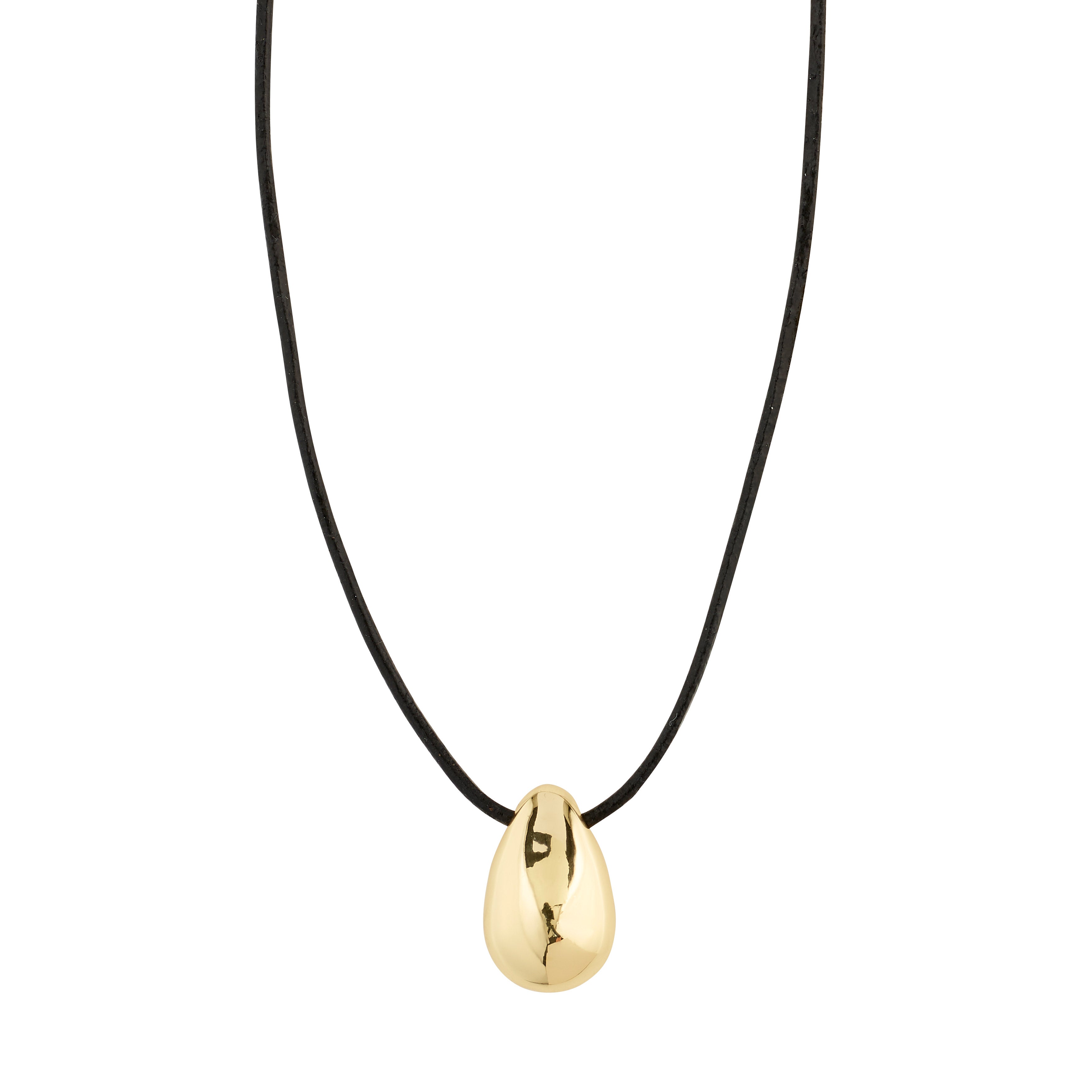 INTENT necklace gold-plated features a teardrop pendant on a black leather cord, embodying Scandinavian style with a sleek, contemporary design.
