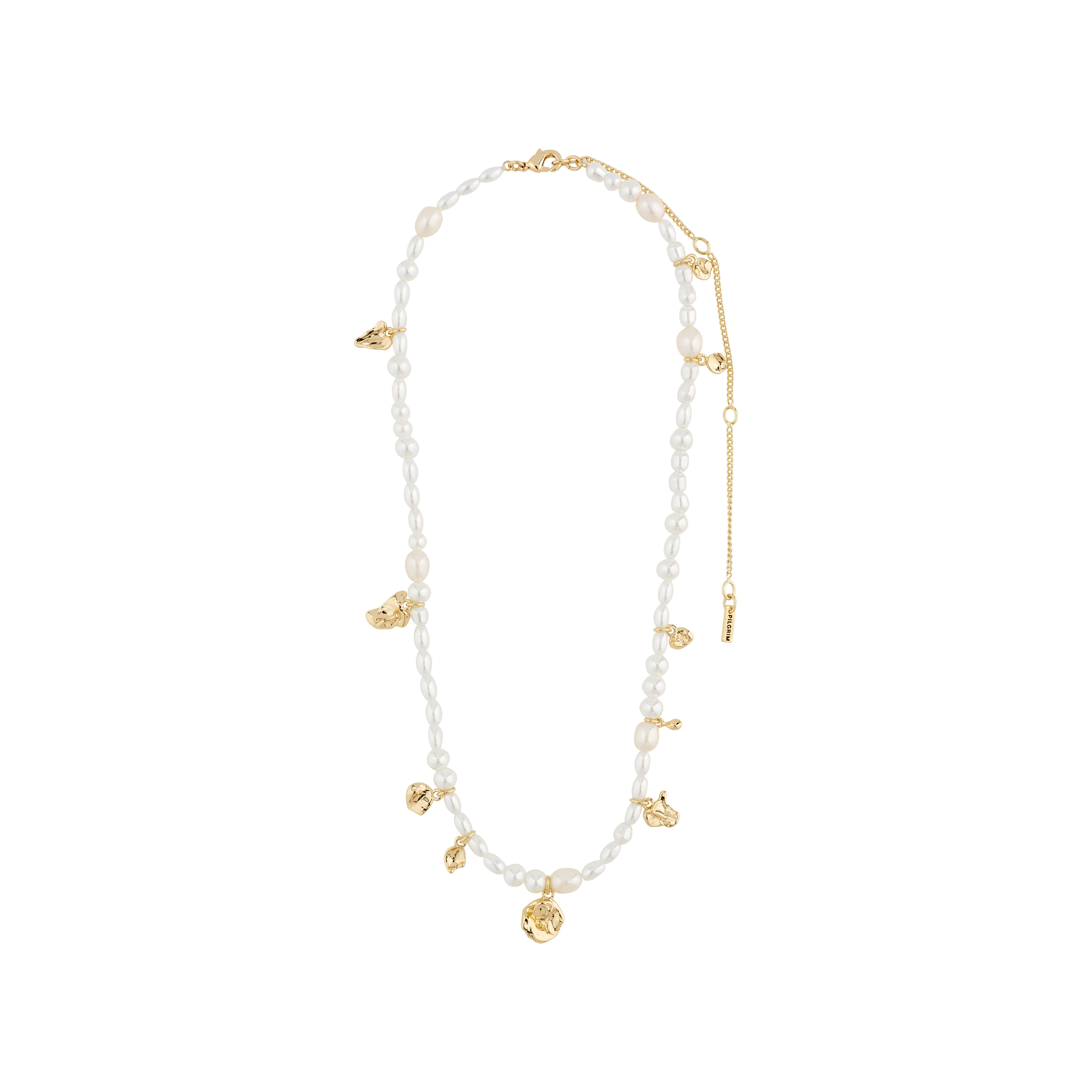 INTENT pearl necklace gold-plated featuring genuine freshwater pearls, pearlescent glass beads, and gold-plated organic pendants, exemplifying Pilgrim's blend of timeless and trendy Danish design.