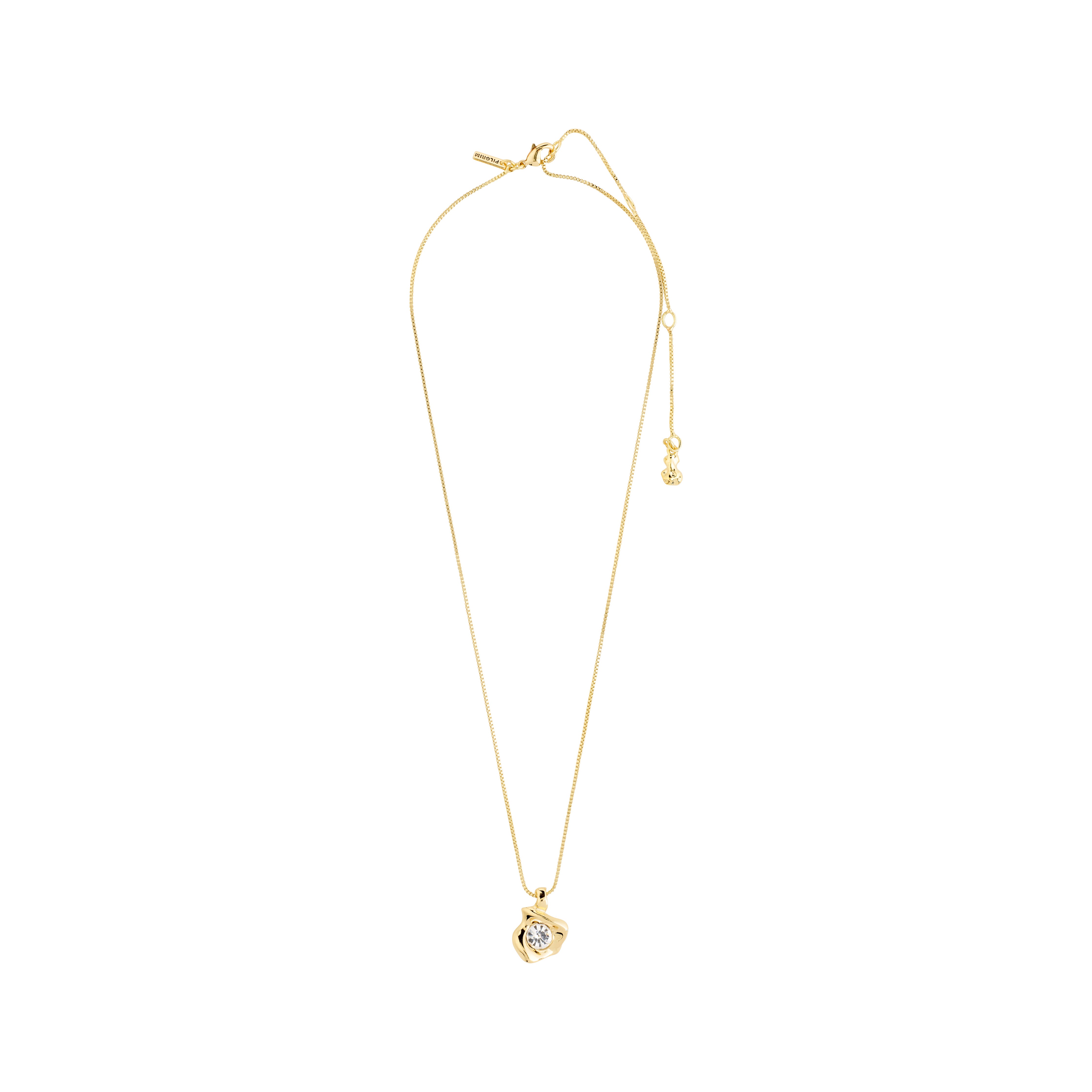 SUNSET crystal necklace gold-plated by Pilgrim, featuring a sleek box chain and a dazzling Preciosa crystal pendant in a gold-plated bezel, exuding elegance and sustainability.