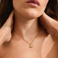 SUNSET crystal necklace gold-plated featuring a Preciosa crystal pendant on a 40 cm customizable box chain, elegantly worn by a woman with hands on neck.