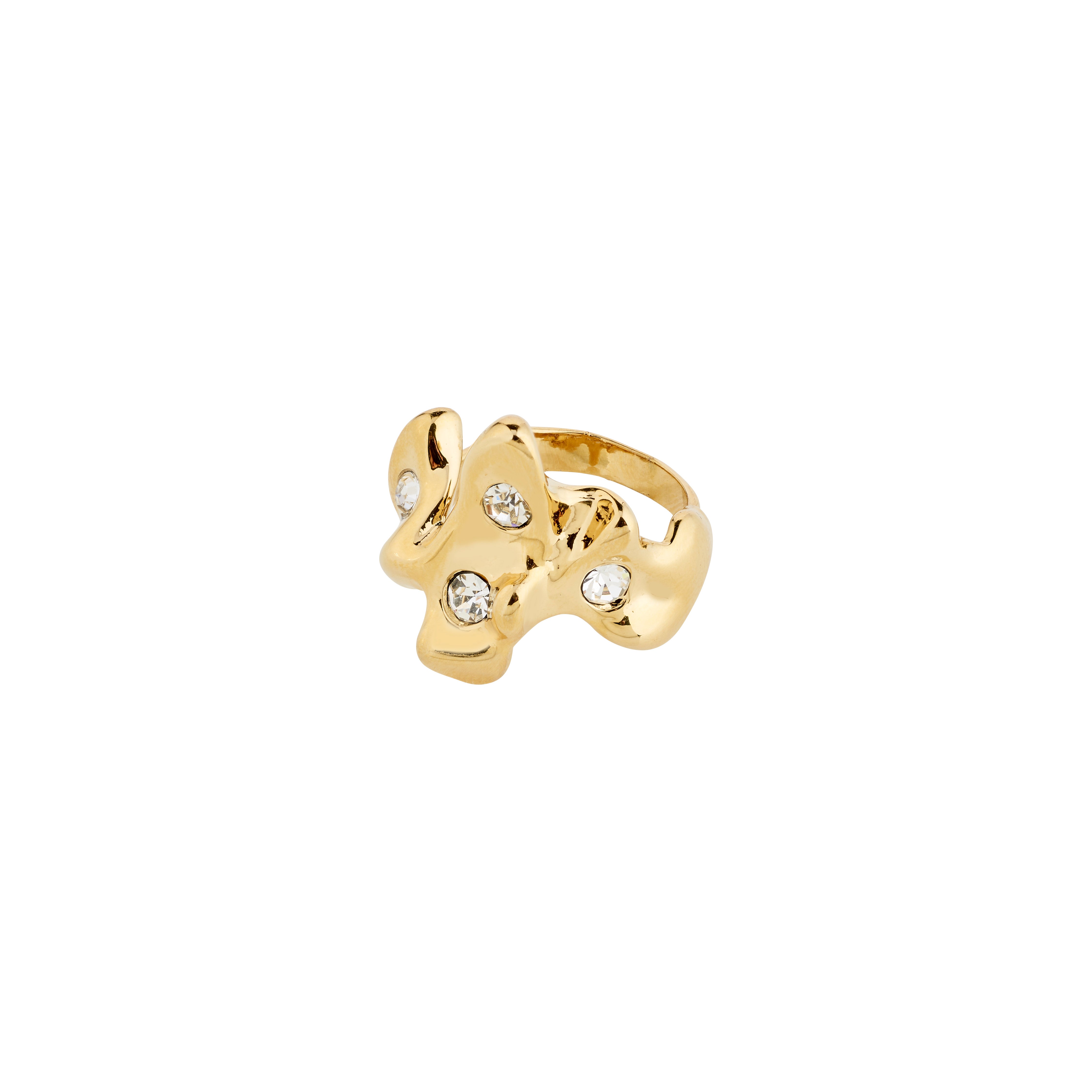 SUNSET ring gold-plated with Preciosa crystals, featuring an organic design, adjustable size, and made from recycled materials. A stylish piece from Pilgrim.