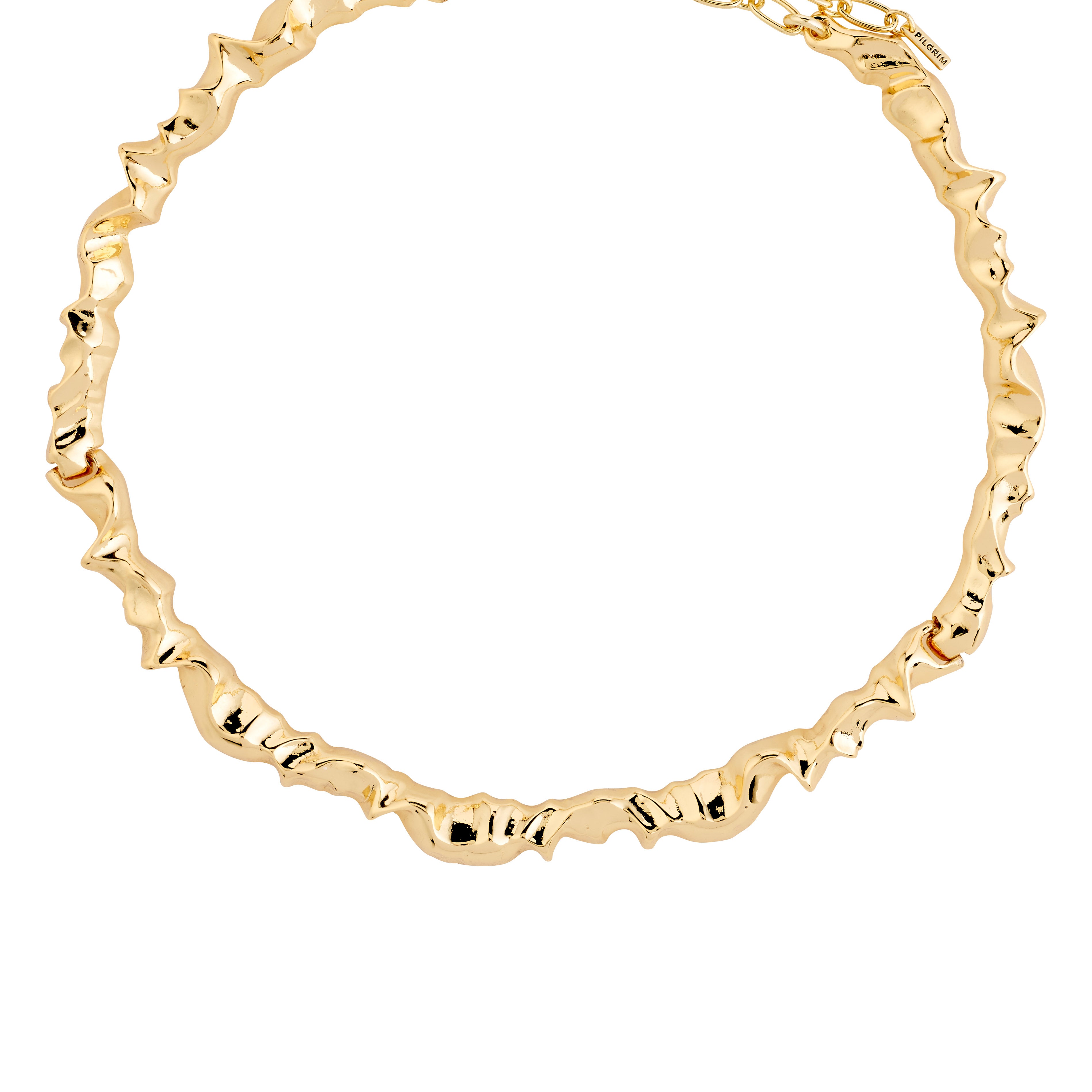 Gold-plated SUNSET necklace with a bold, organic wavy design, measuring 38 cm plus a 9 cm extension chain, from Pilgrim.
