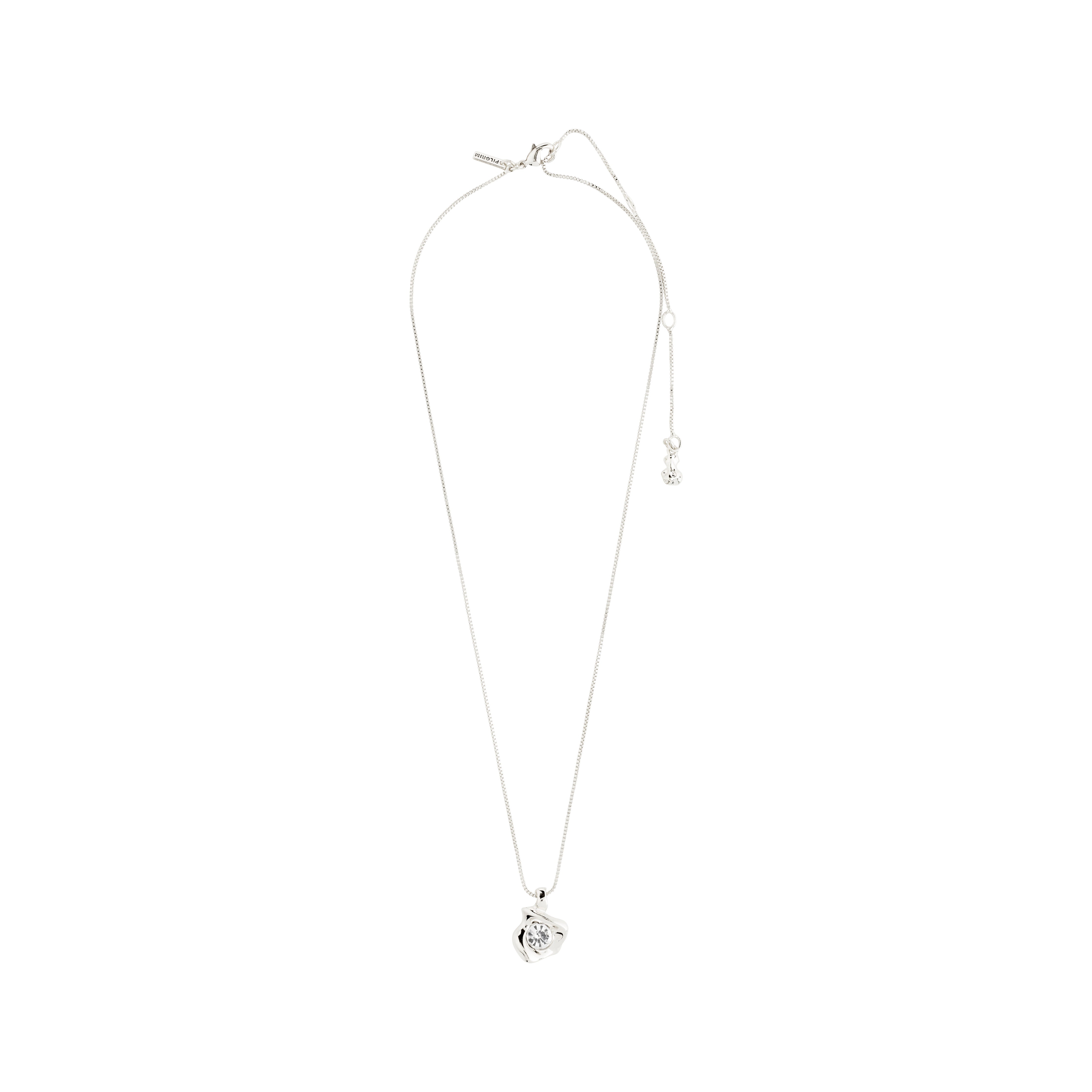 SUNSET crystal necklace silver-plated by Pilgrim, featuring a sleek box chain with a Preciosa crystal pendant in a silver-plated bezel, 40 cm adjustable length.