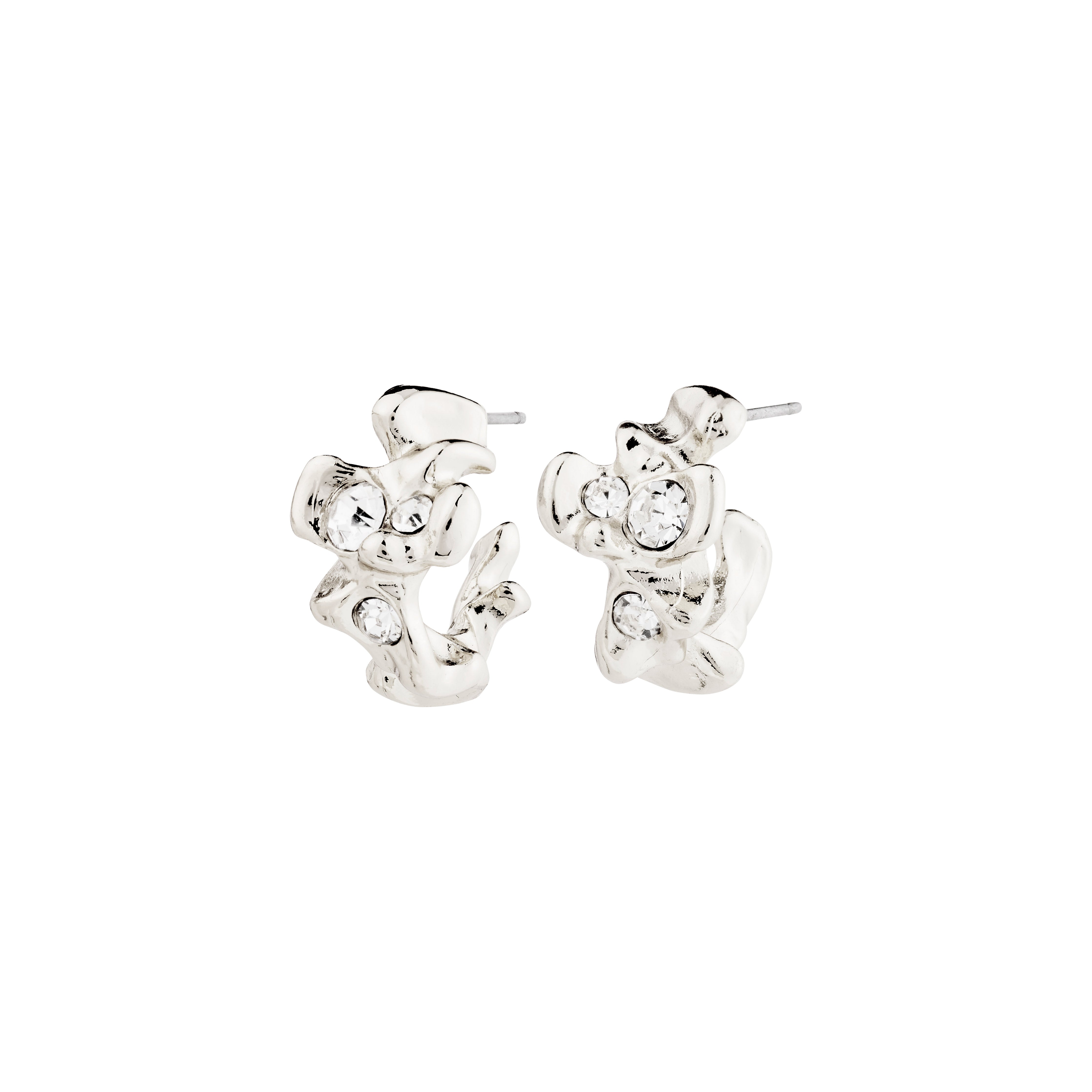 SUNSET earrings, silver-plated half-hoops by Pilgrim, featuring an organic shape with dazzling Preciosa crystals, exuding elegance and sophistication.