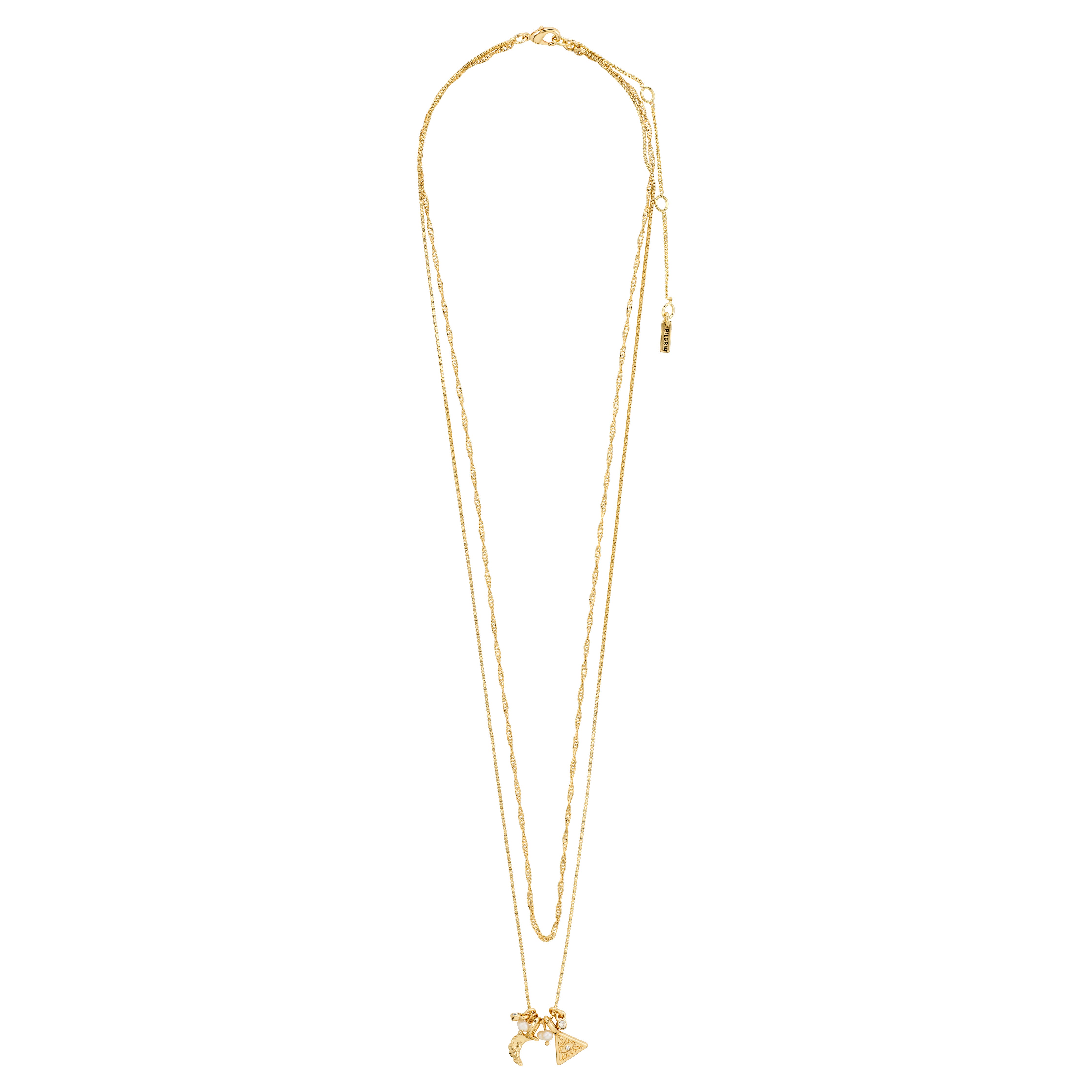 BETWEEN necklace 2-in-1 gold-plated features a sleek box and twisted chain with charms like an all-seeing eye, moon, pearls, and crystals.