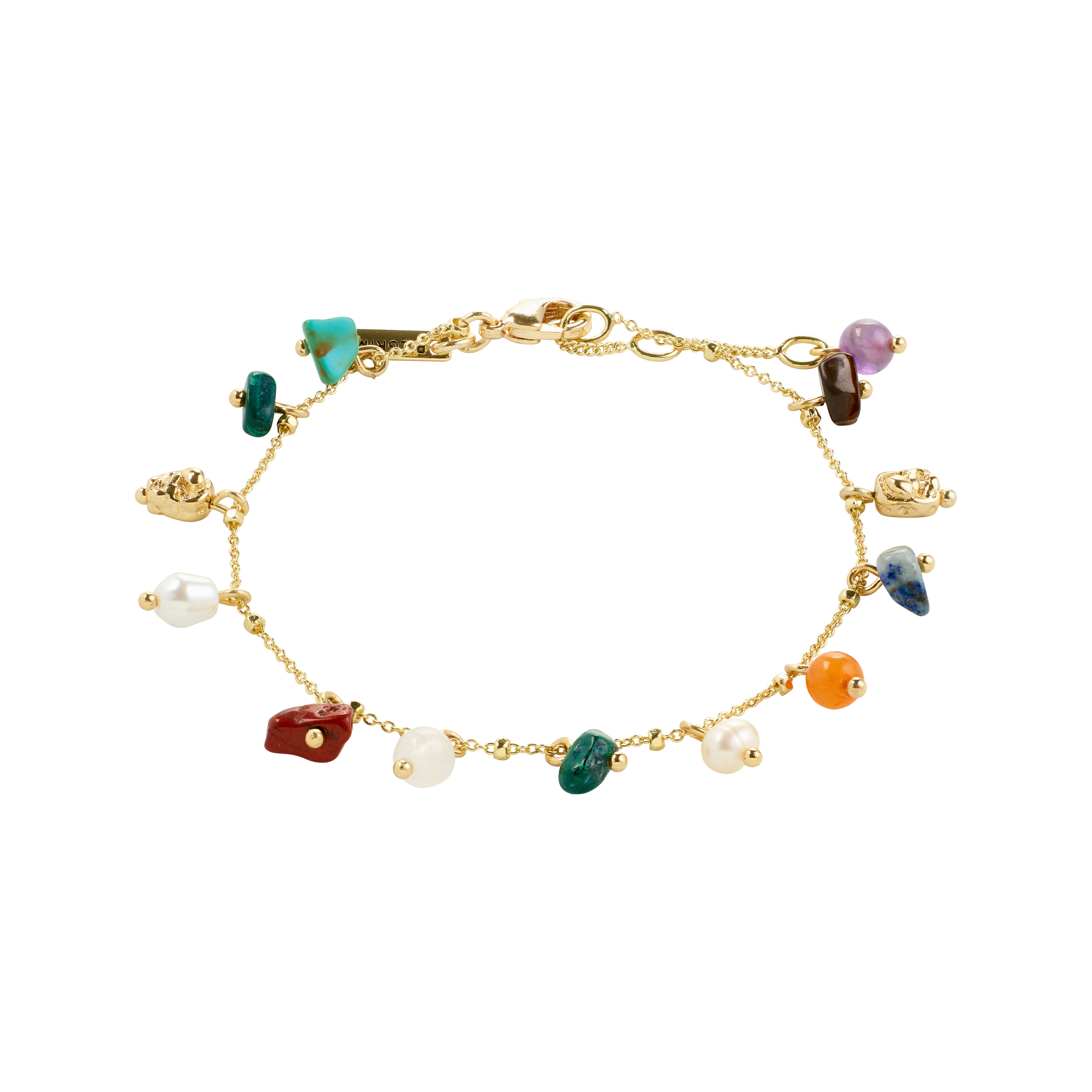 BETWEEN bracelet gold-plated featuring gold nugget, pearl, and orange bead, accented with vibrant semi-precious stones, offering a luxe boho style for unique personal expression.