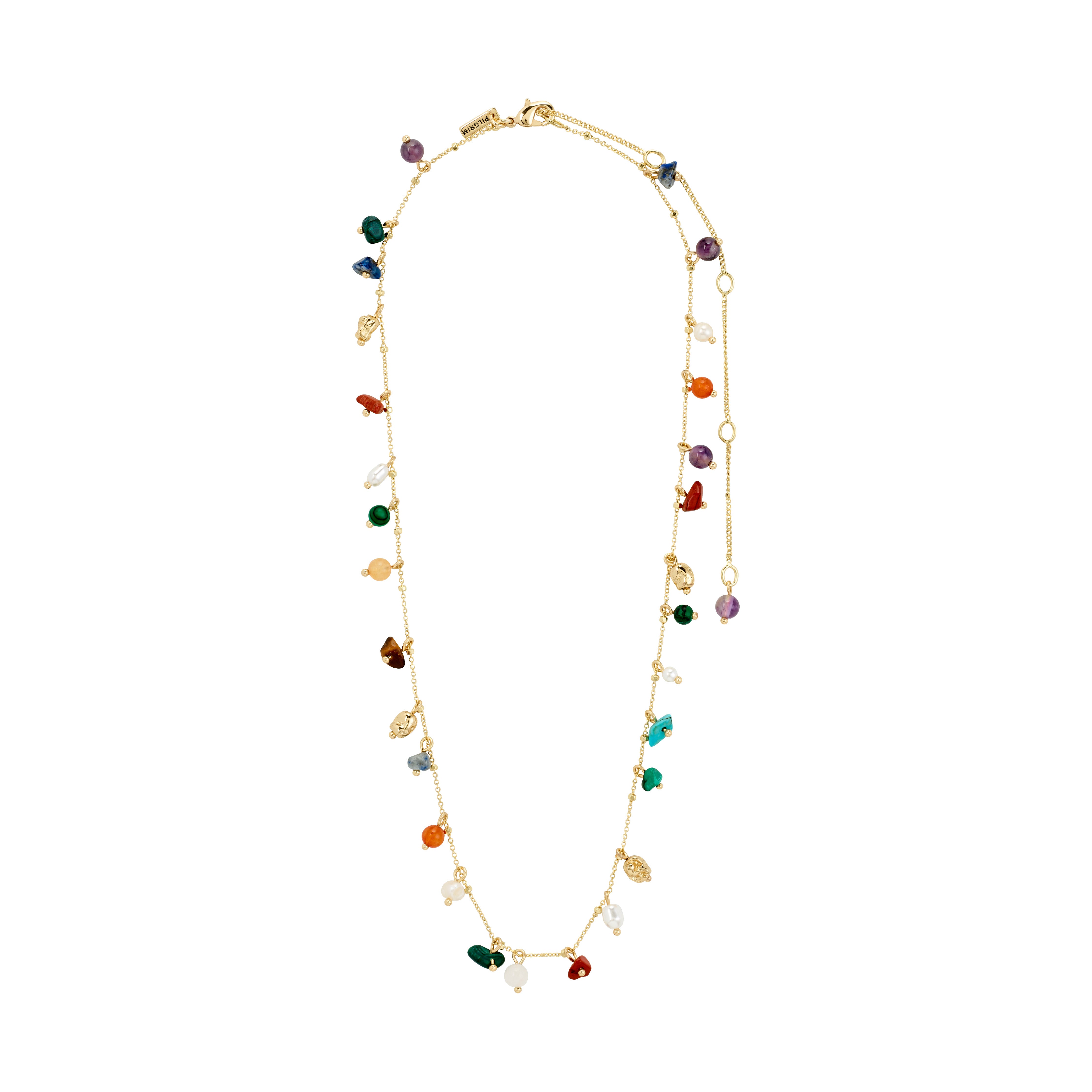 Gold-plated BETWEEN necklace featuring vibrant semi-precious stones like Amethyst and Turquoise, embodying luxe boho style from Pilgrim’s handmade Danish collection.