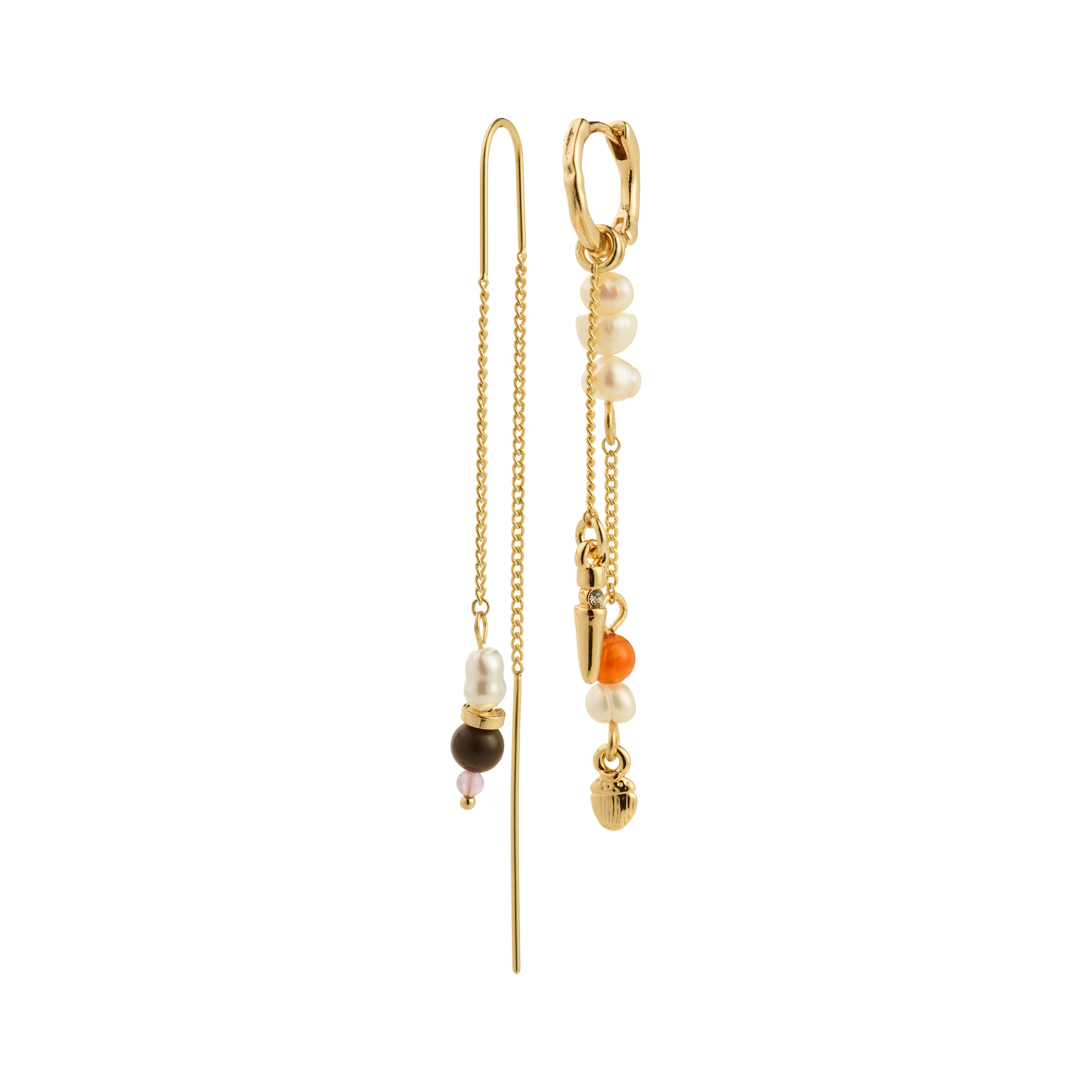 Gold-plated BETWEEN chain earrings featuring asymmetrical hoops and chains with vibrant pendants of amethyst, aventurine, tiger eye, and freshwater pearls, exuding a boho-chic allure.