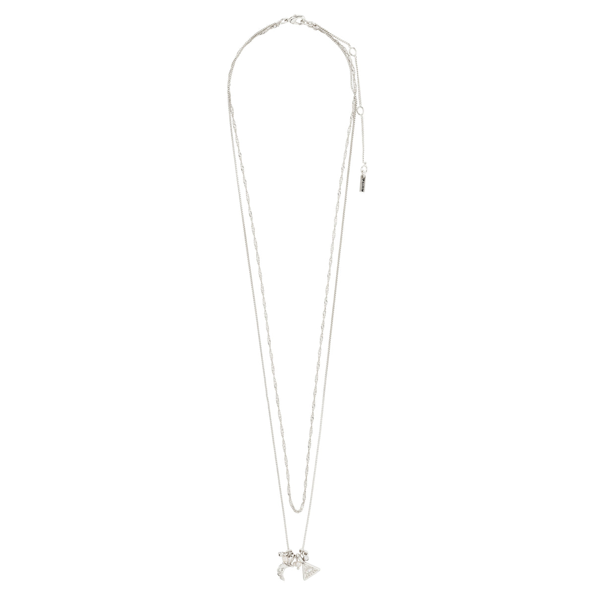 BETWEEN necklace 2-in-1 silver-plated: close-up of a silver necklace featuring a sleek box chain, twisted chain, and charms like an all-seeing eye, moon, pearls, and crystals.
