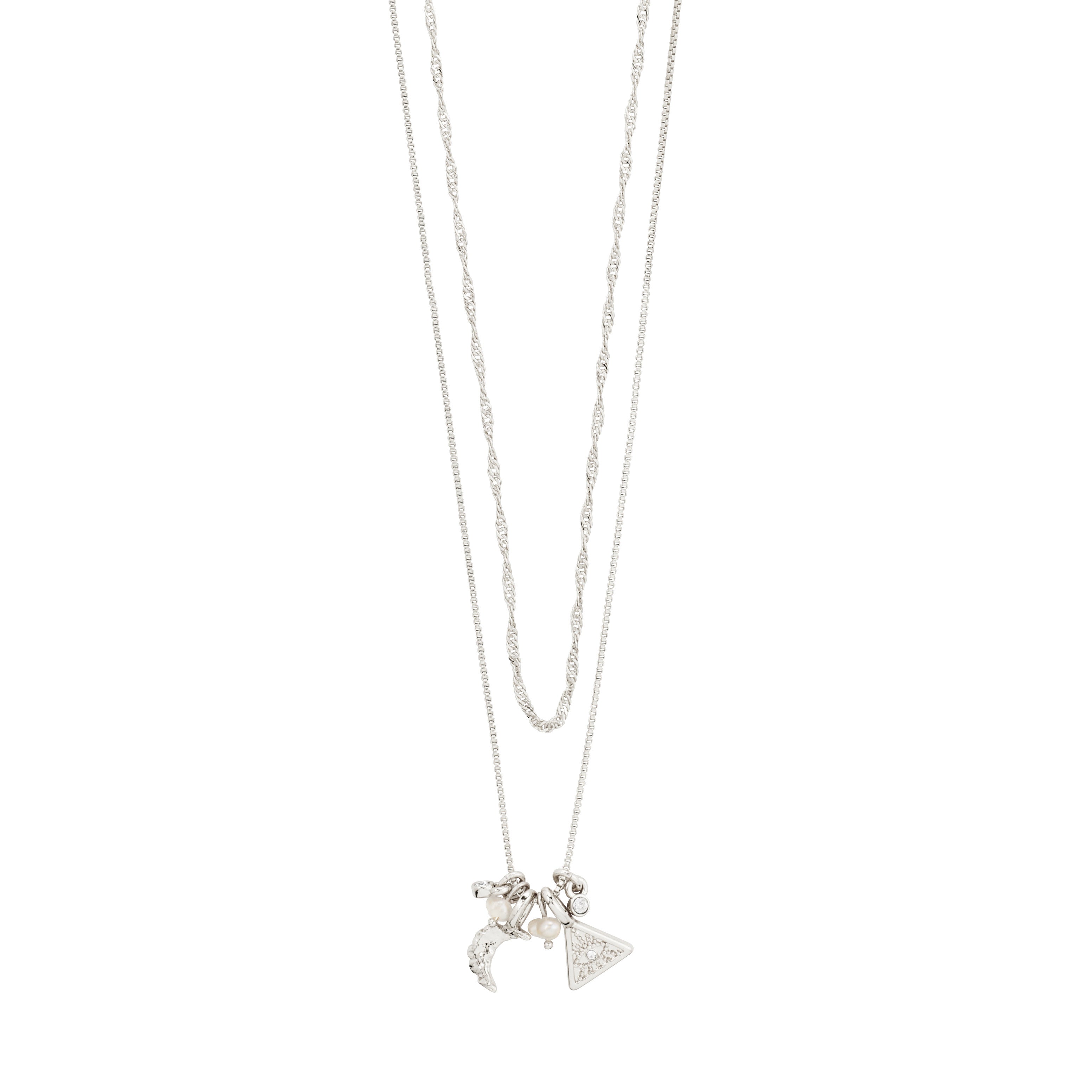 BETWEEN necklace 2-in-1 silver-plated, featuring a sleek box chain and twisted chain with pendants like an all-seeing eye, moon, pearls, and crystals.