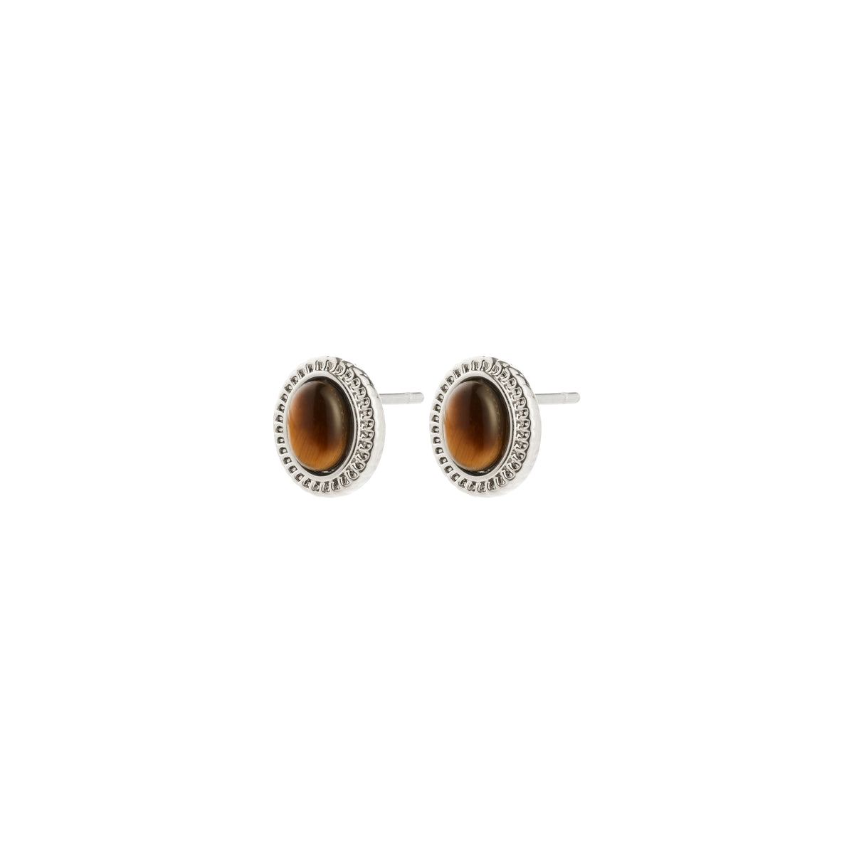 Silver-plated BETWEEN stud earrings with cabochon-cut Tiger Eye stones in vintage gold settings, embodying autumn's essence and boho chic elegance.