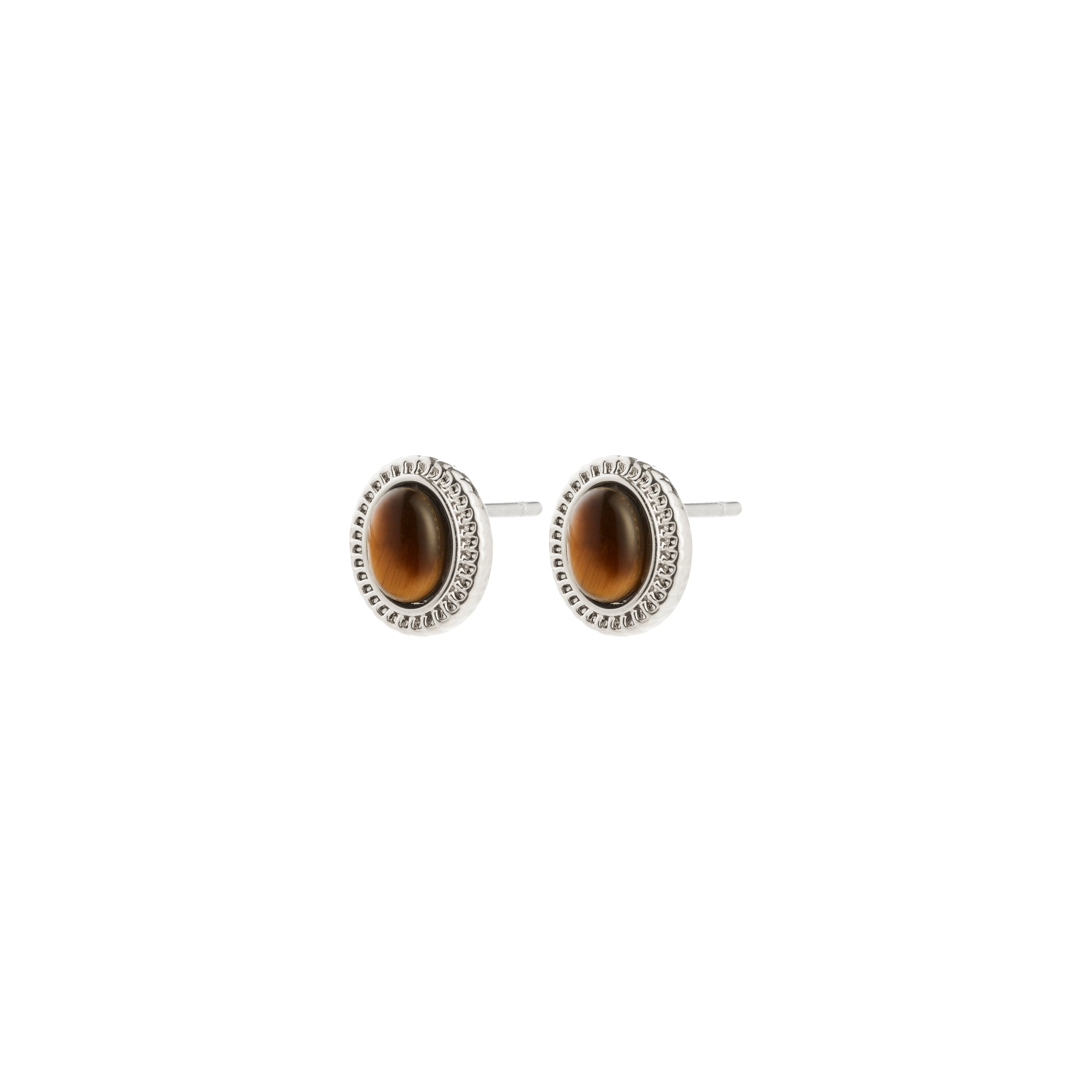 Silver-plated BETWEEN stud earrings with cabochon-cut Tiger Eye stones in vintage gold settings, embodying autumn's essence and boho chic elegance.
