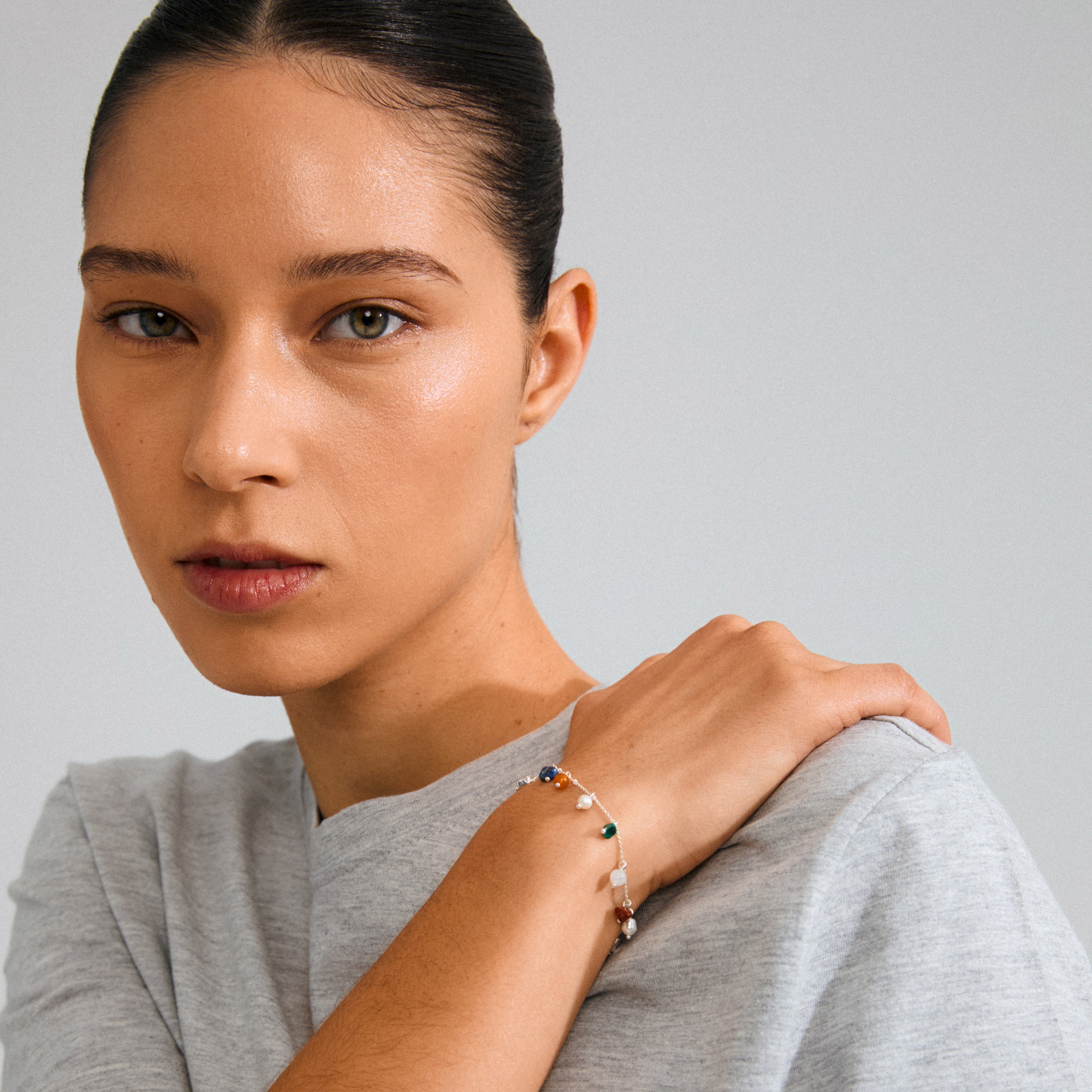 Close-up of the BETWEEN bracelet by Pilgrim, silver-plated with semi-precious stones, offering a luxe boho style for unique, personal fashion statements.