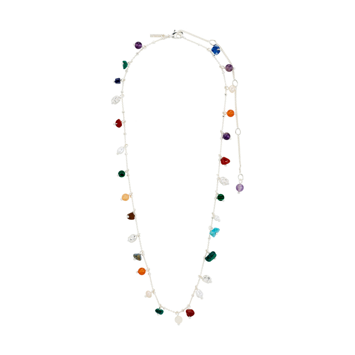 Silver-plated BETWEEN necklace featuring vibrant semi-precious stones, perfect for adding a luxe boho touch to your outfit.