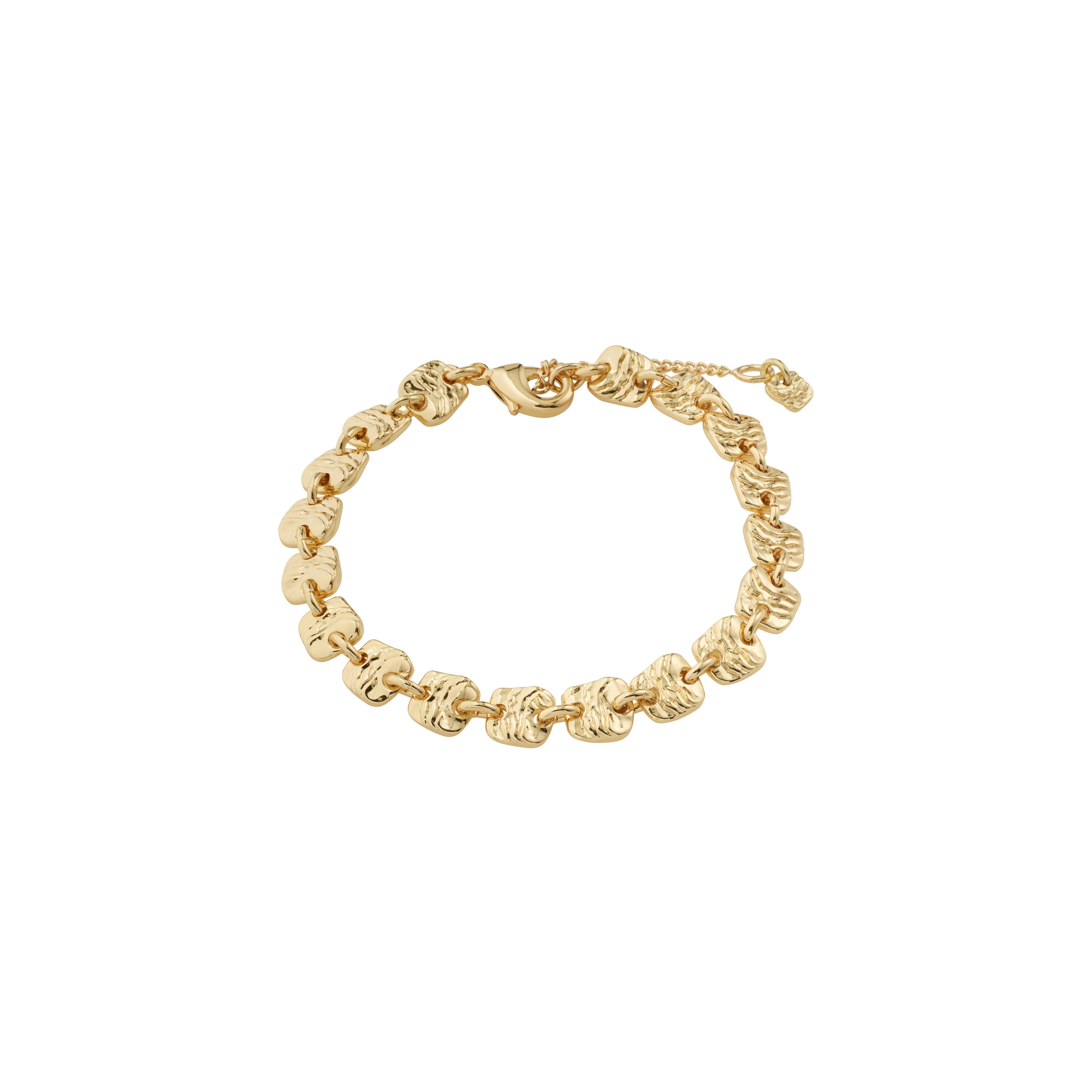 Gold-plated SENSE bracelet by Pilgrim, featuring hammered square links with adjustable lobster clasp, showcasing a raw, handcrafted vibe for a minimalist, stylish look.