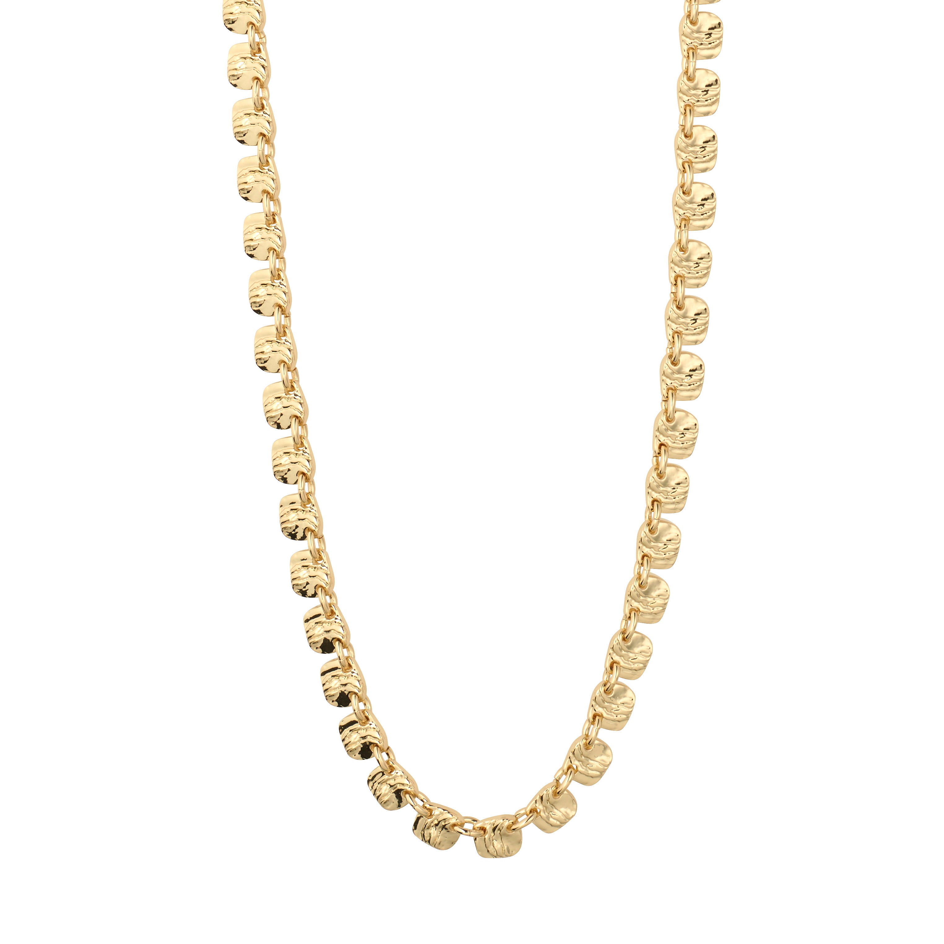 SENSE necklace gold-plated with hammered nugget-style links, reflecting light for a unique glow; 38 cm with 12 cm extension, crafted from recycled materials.