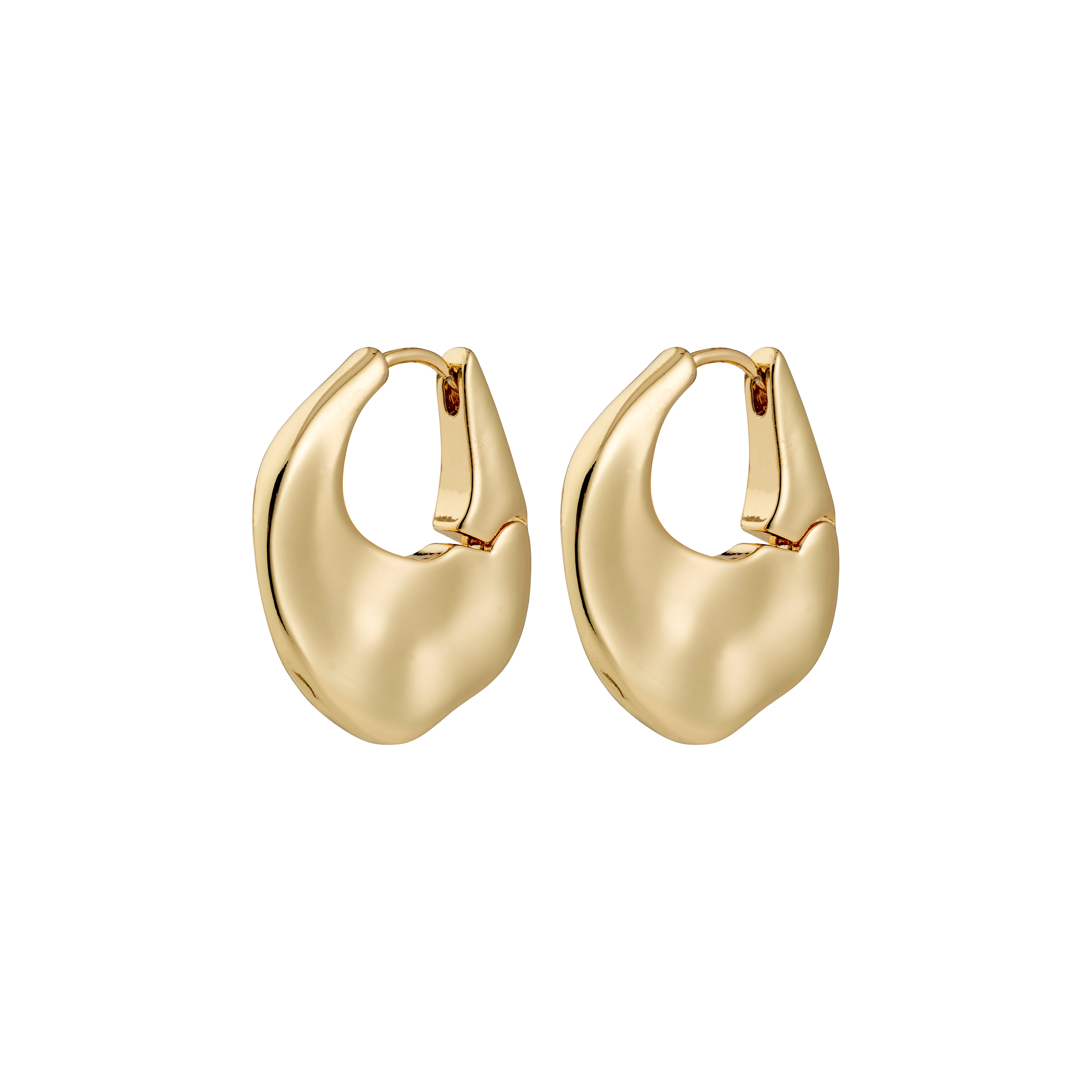SENSE hoop earrings gold-plated with a sculptural, rounded silhouette, featuring a polished finish and easy snap locks, embodying Pilgrim's blend of trendy and timeless design.