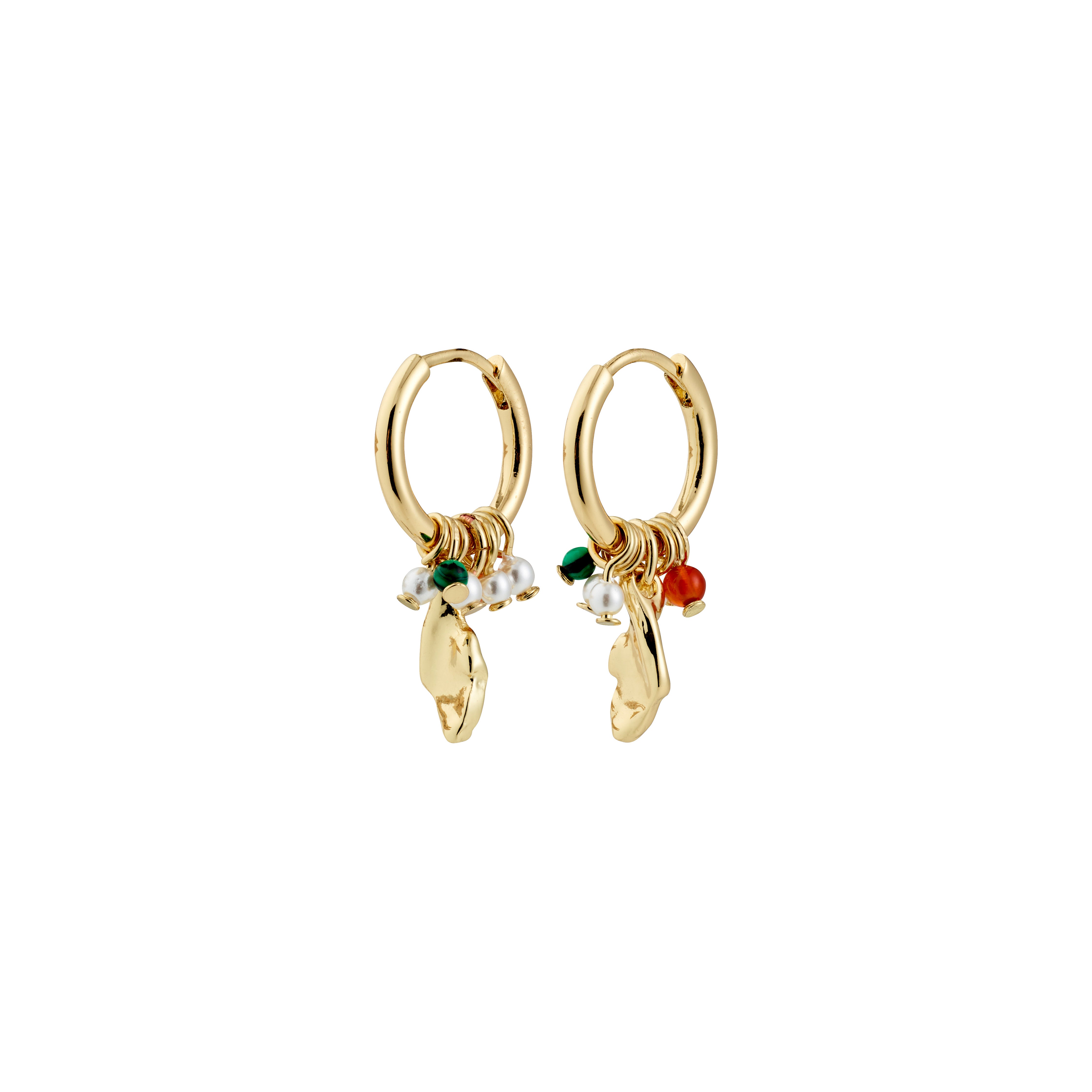 SENSE earrings gold-plated/multi: Small gold huggie hoops with dangling charms including pearls, green and reddish beads, and gold nuggets, featuring easy snap locks.