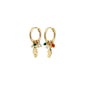 SENSE earrings gold-plated/multi: Small gold huggie hoops with dangling charms including pearls, green and reddish beads, and gold nuggets, featuring easy snap locks.