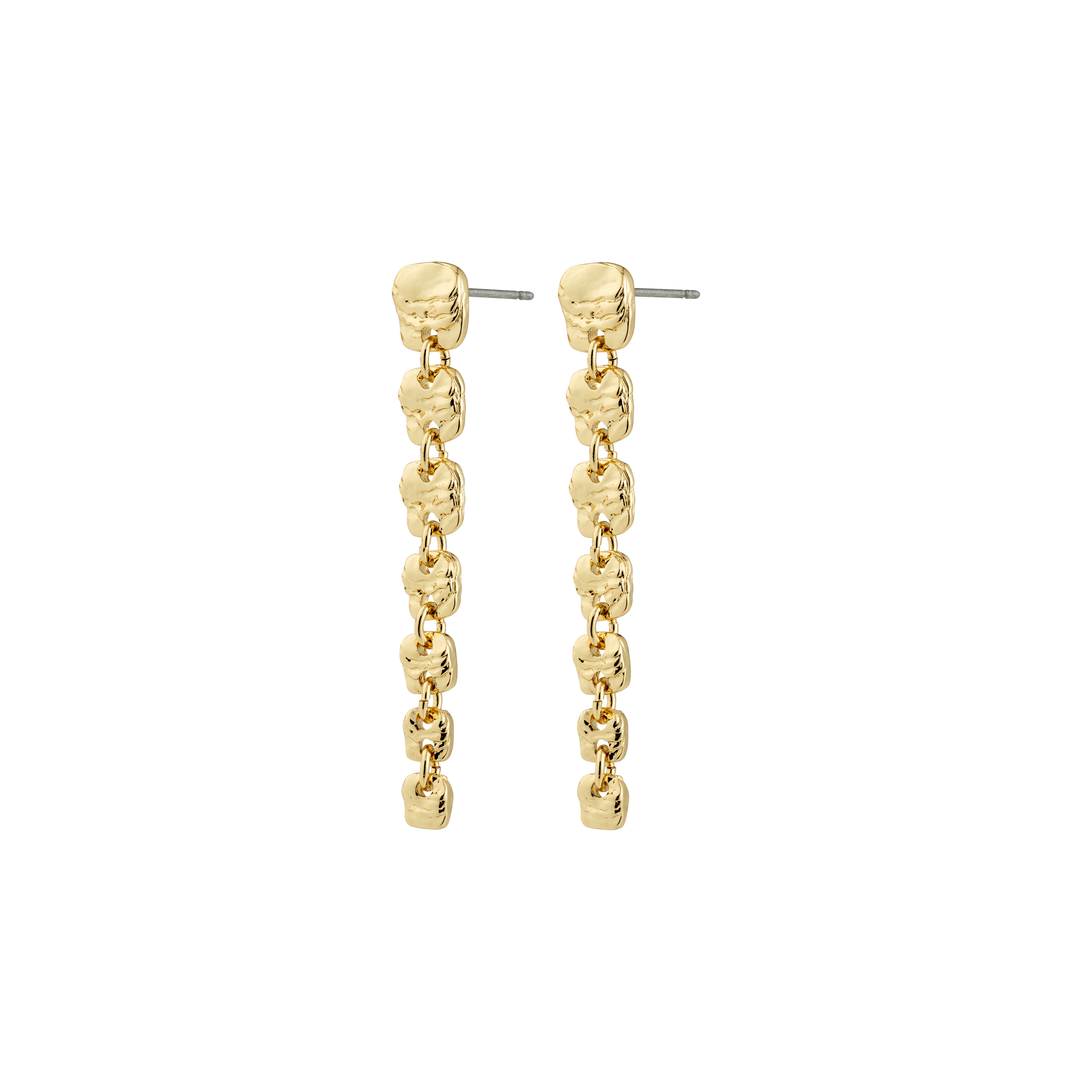 Gold-plated SENSE earrings with square studs and dangling nugget-like links, showcasing Pilgrim's unique design and timeless style.
