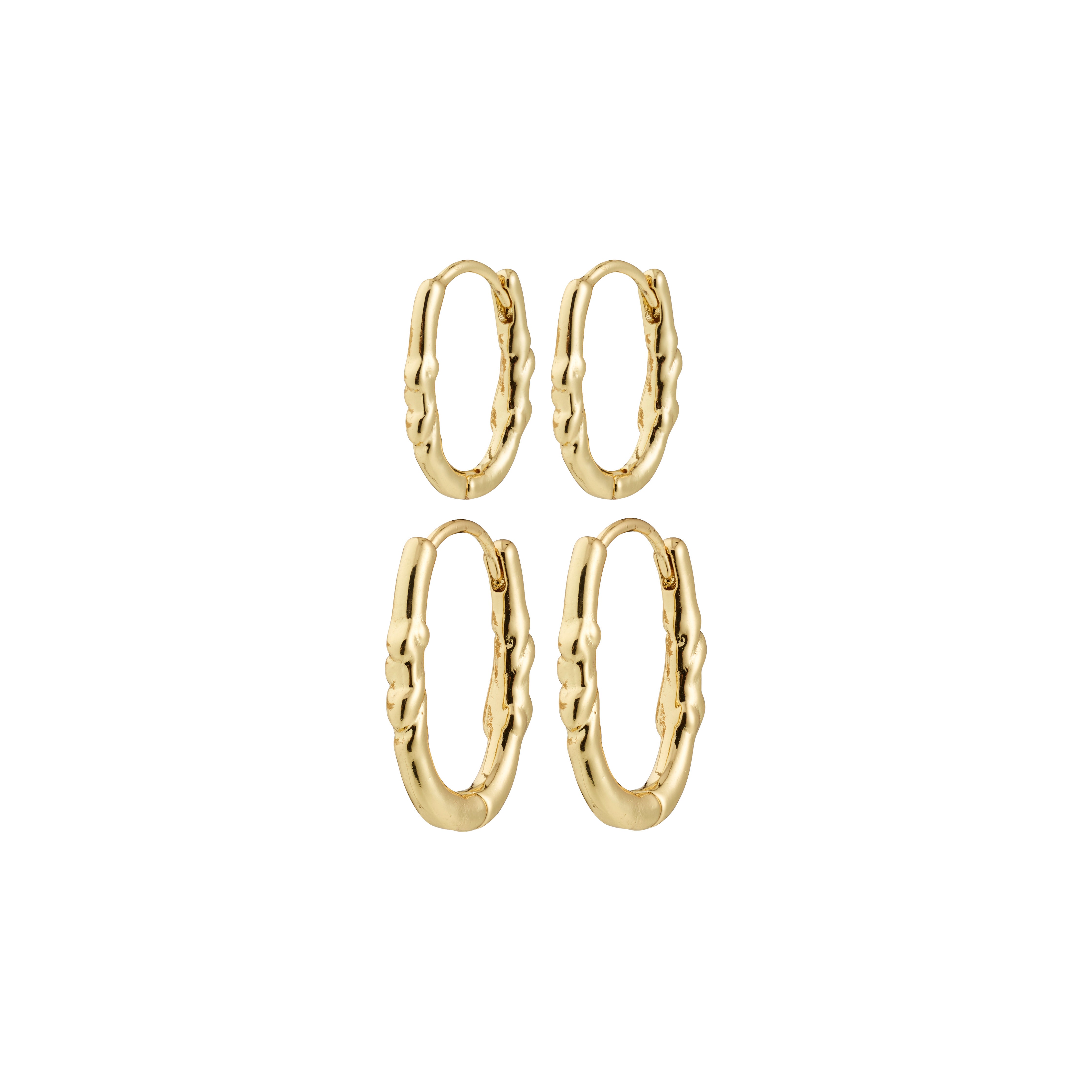 SENSE hoop earrings, 2-in-1 gold-plated set, featuring four textured hoops with a bubbled surface, perfect for versatile styling with easy snap locks.