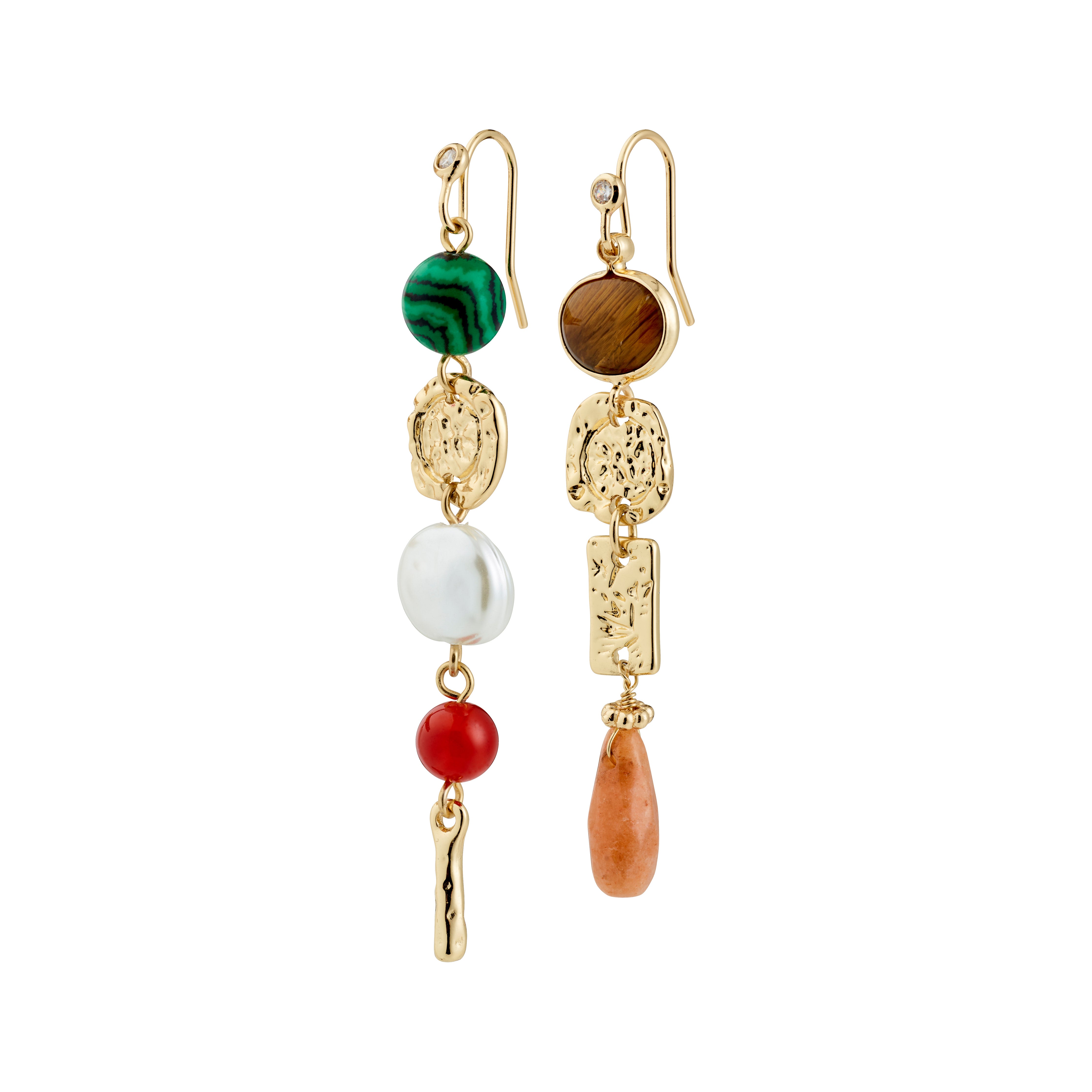 SENSE earrings gold-plated/multi feature mismatched dangles with eclectic beads and textured links, embodying Pilgrim's bohemian chic and artistic flair.
