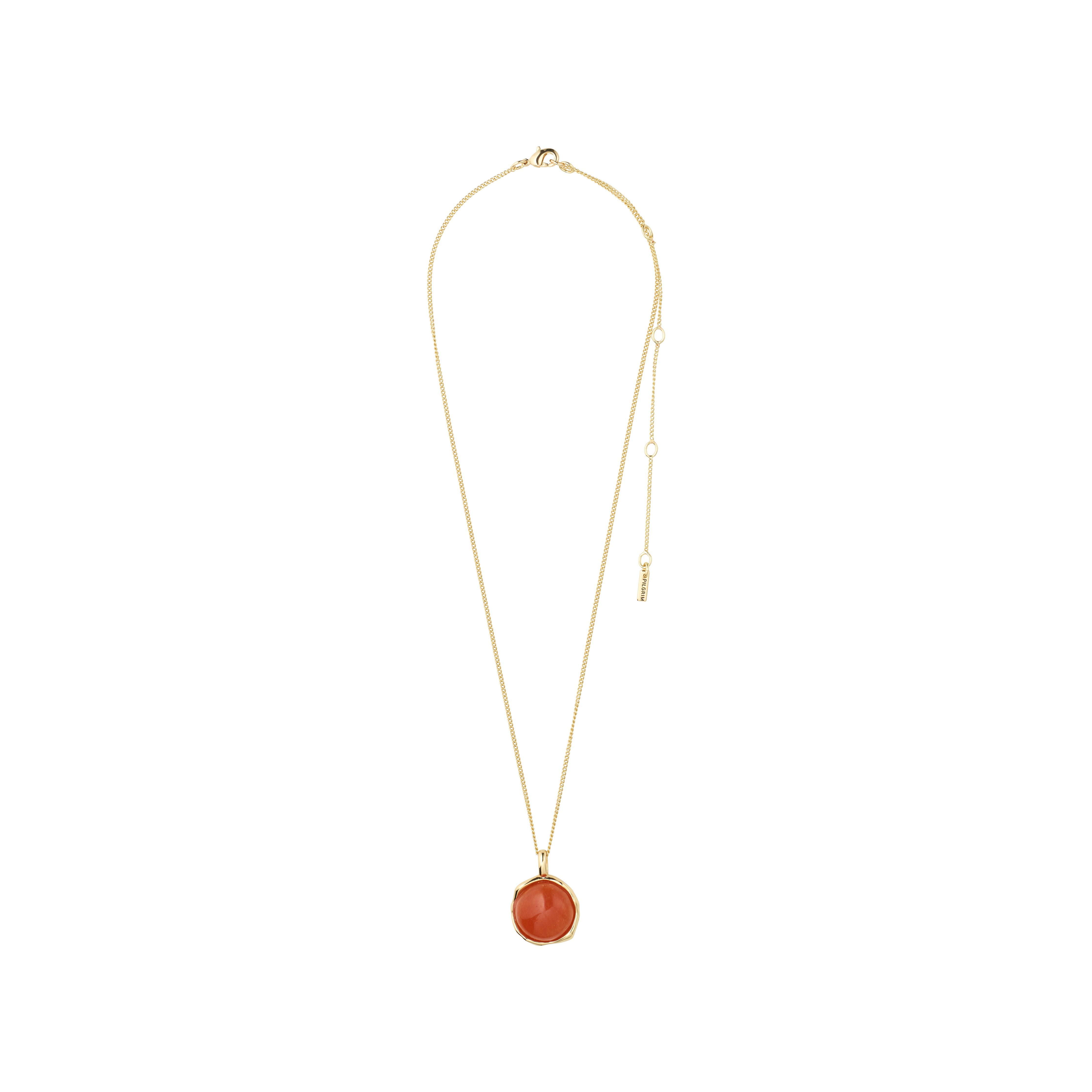 SENSE necklace gold-plated/agate: A gold-tone chain with an adjustable clasp, featuring a round coral-colored stone in a simple bezel pendant, conveying strength and style.