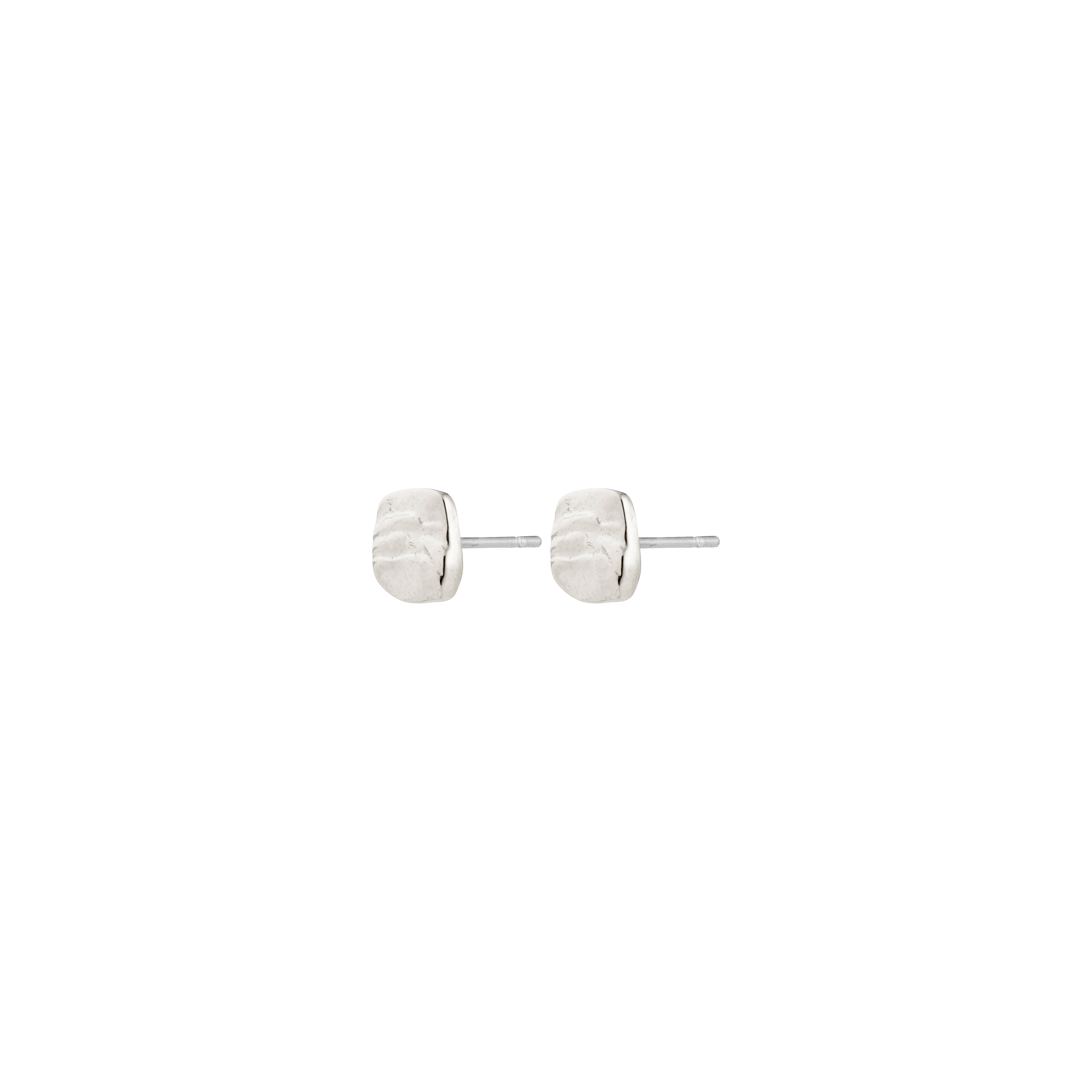 SENSE stud earrings, silver-plated, with a hammered, rustic design. Small square nugget shape on posts, reflecting light beautifully. Perfect for a minimalist or stacked look.